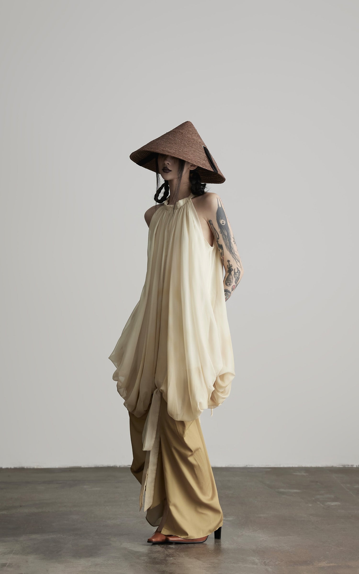 INDULGE Ethereal Draped Halter Dress with Voluminous Silk Layers