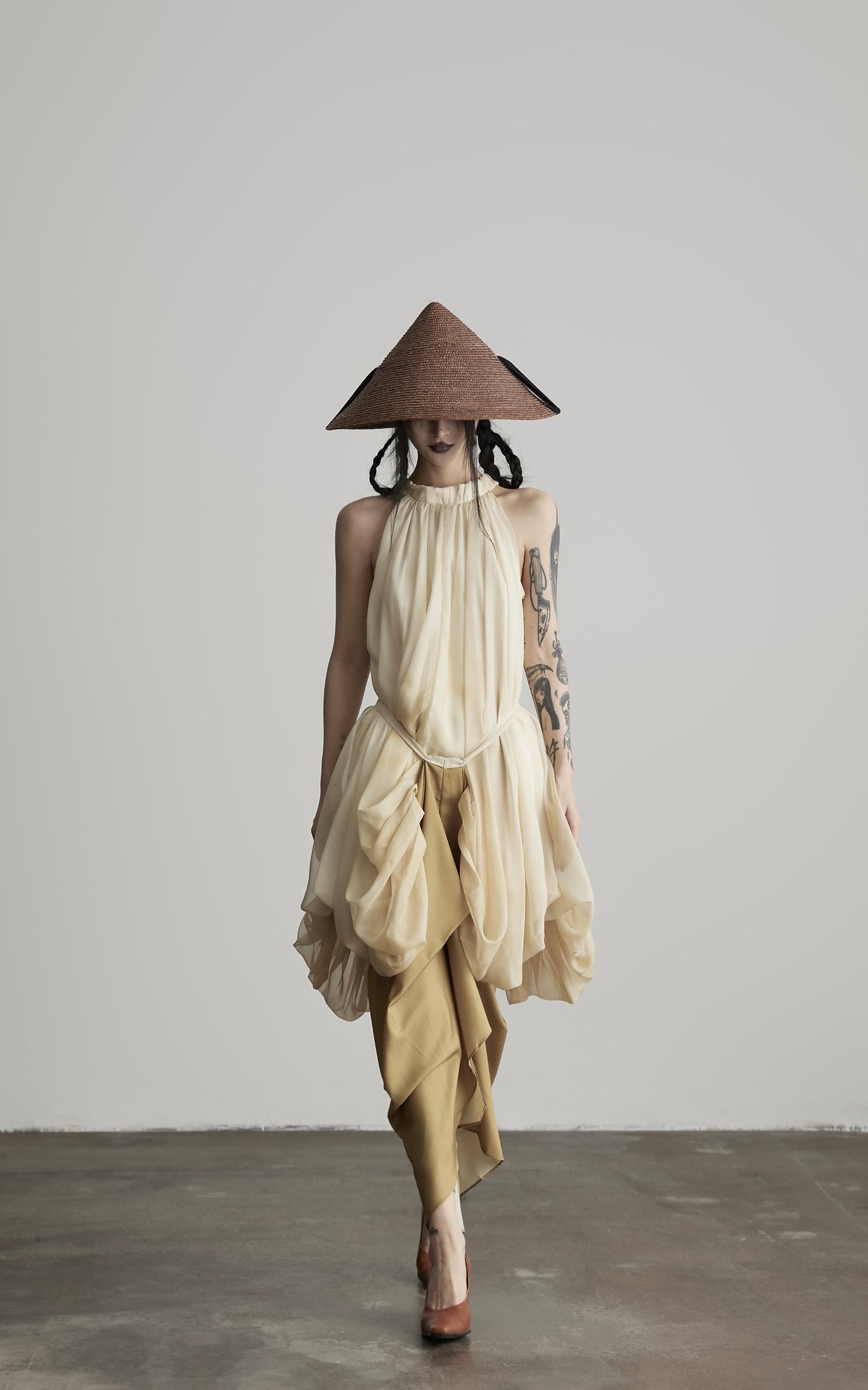 INDULGE Ethereal Draped Halter Dress with Voluminous Silk Layers