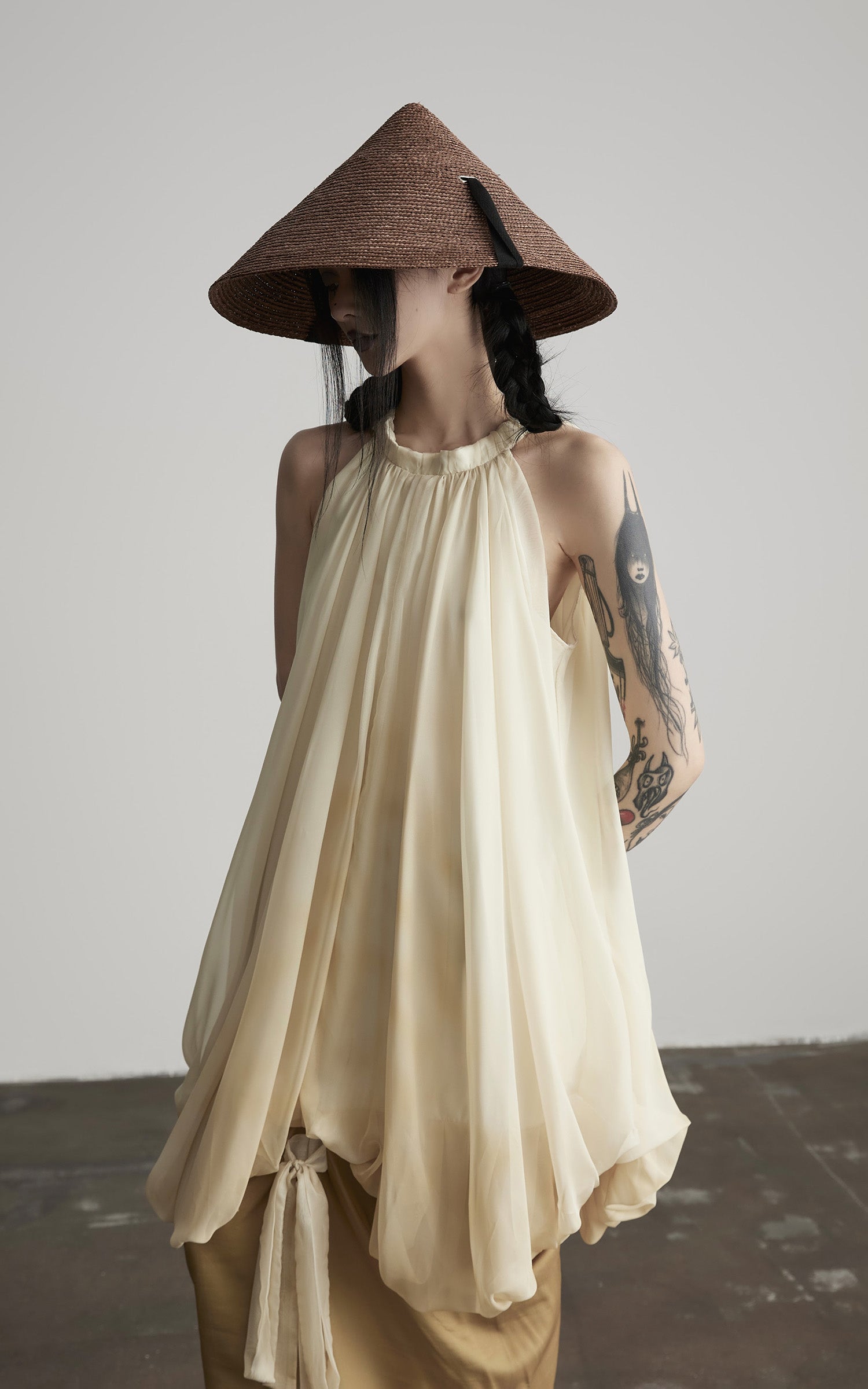 INDULGE Ethereal Draped Halter Dress with Voluminous Silk Layers