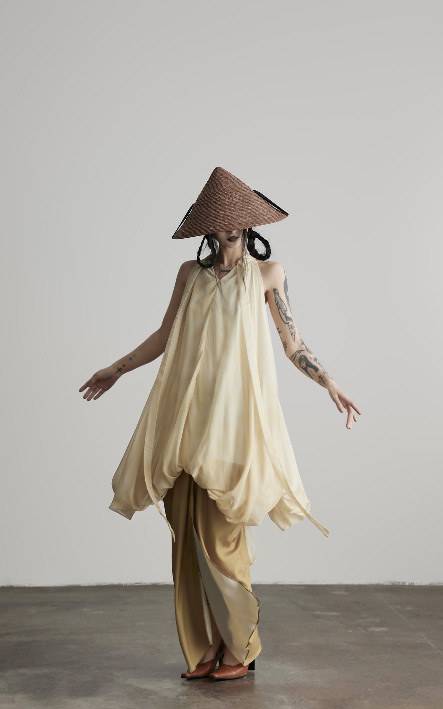INDULGE Ethereal Draped Halter Dress with Voluminous Silk Layers