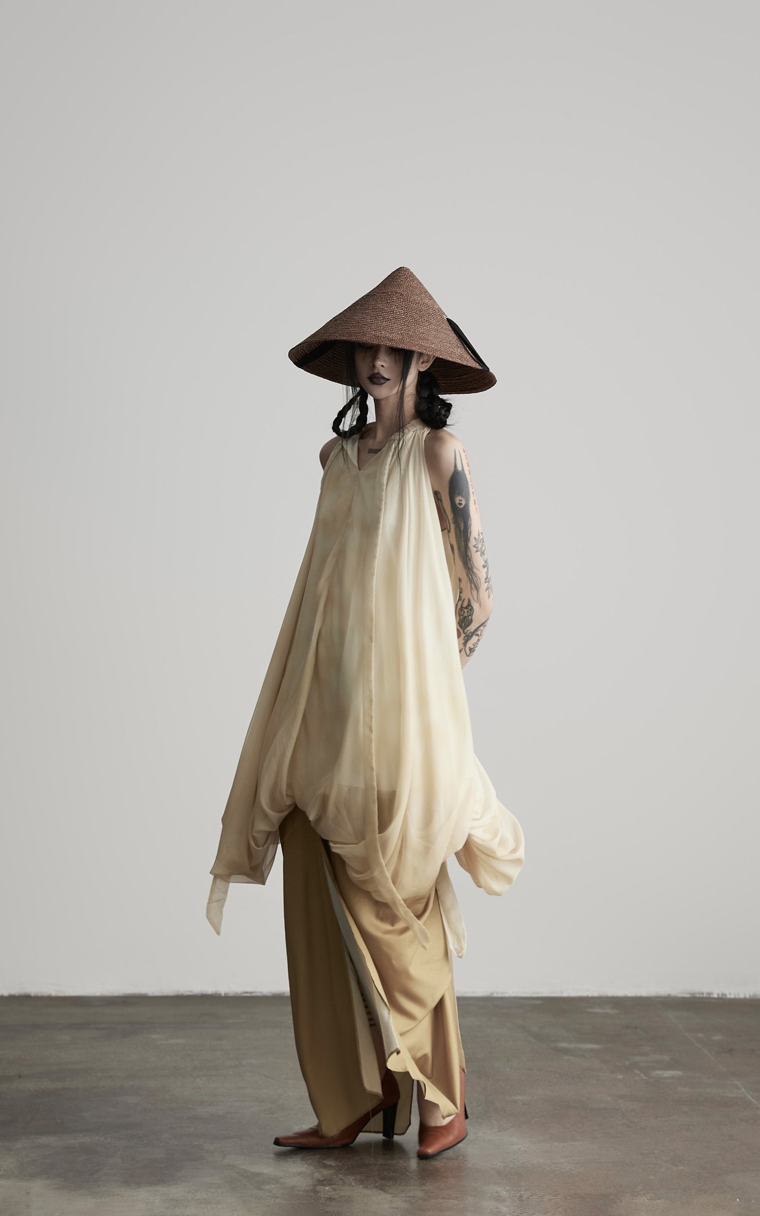 INDULGE Ethereal Draped Halter Dress with Voluminous Silk Layers