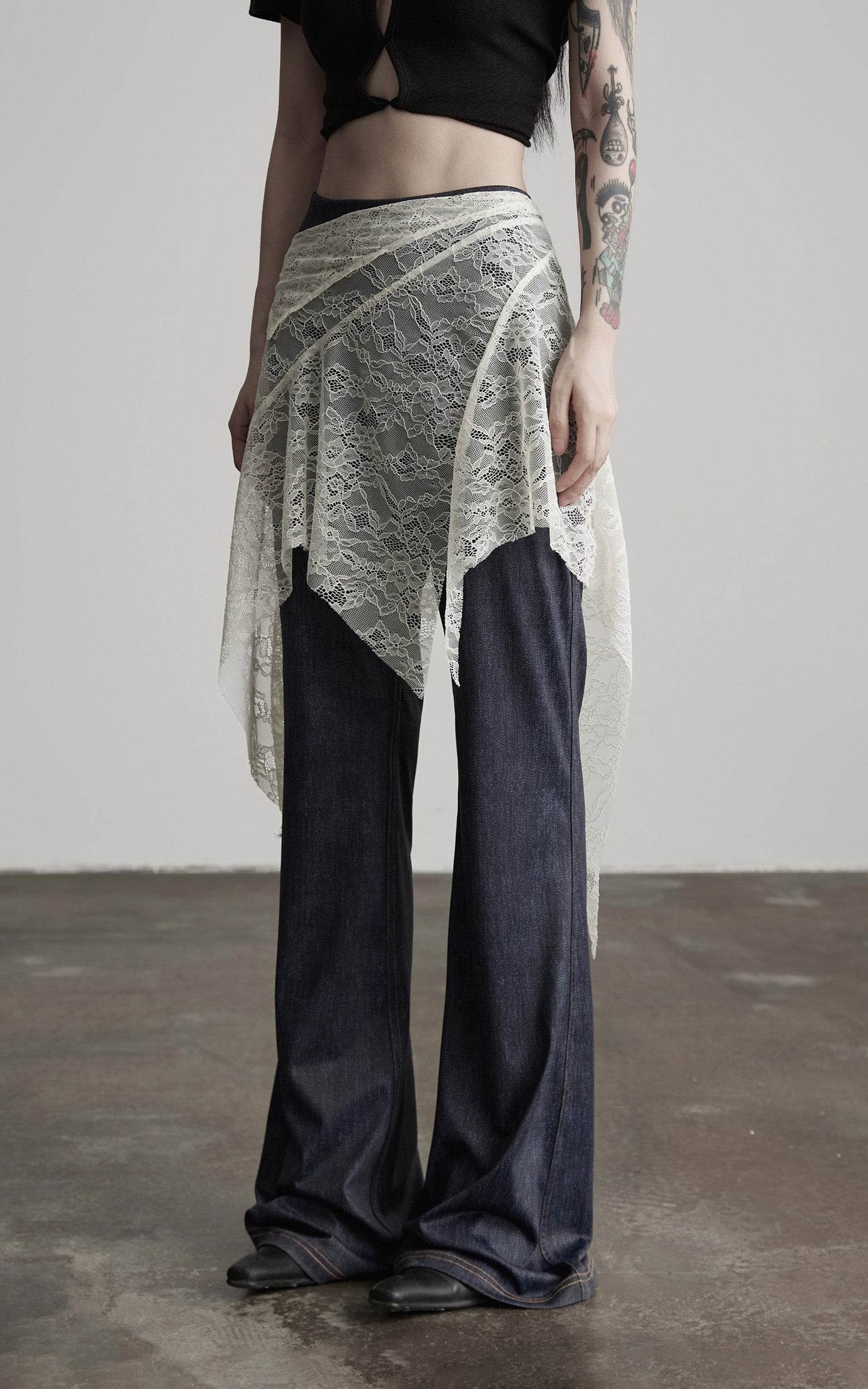 INDULGE Lace Overlay Denim Pants