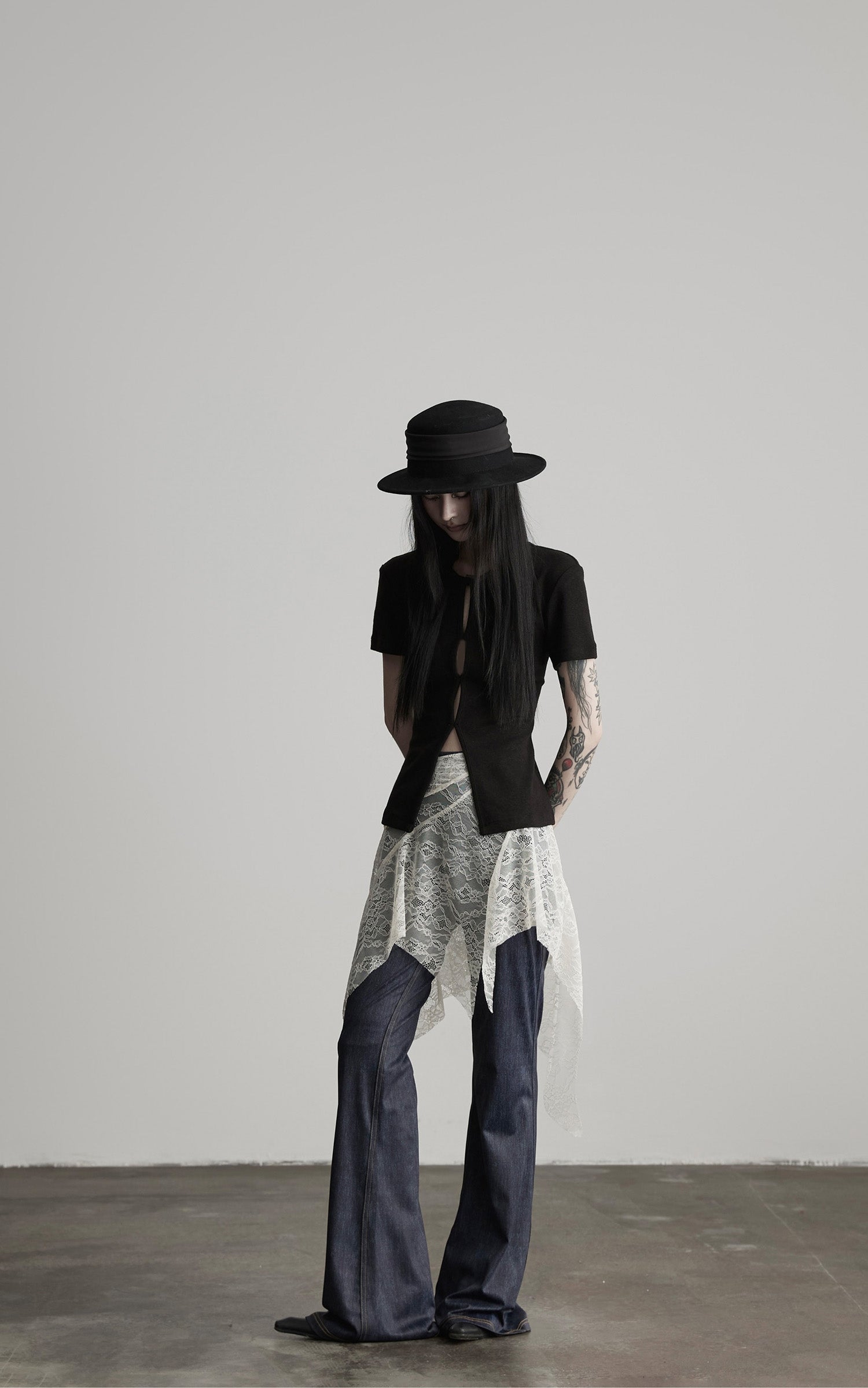 INDULGE Lace Overlay Denim Pants