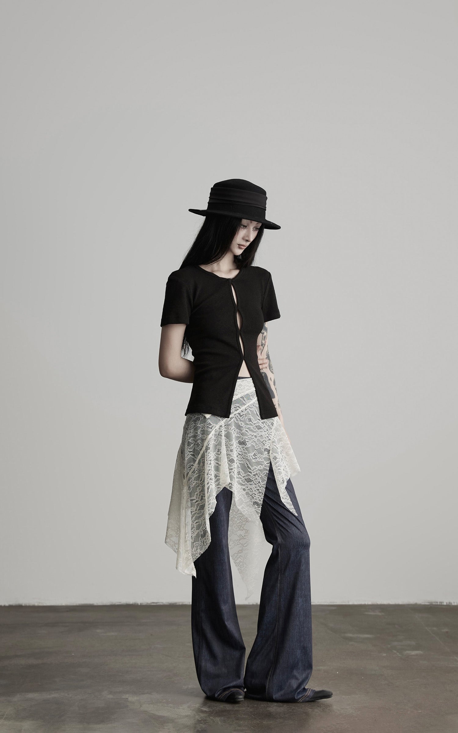 INDULGE Lace Overlay Denim Pants