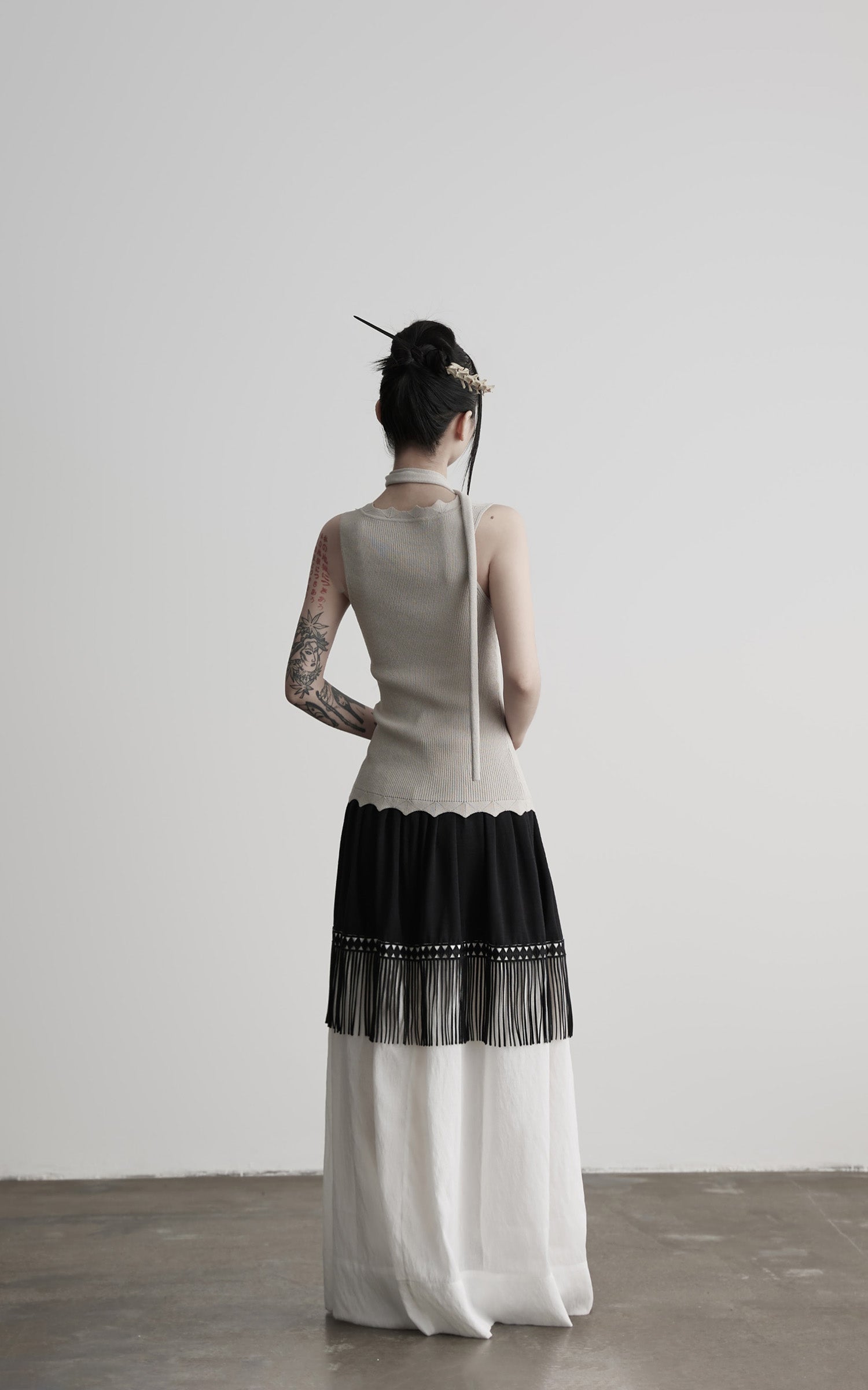 INDULGE Fringe Paneled Layered Skirt with Pleats and Contrast Hem