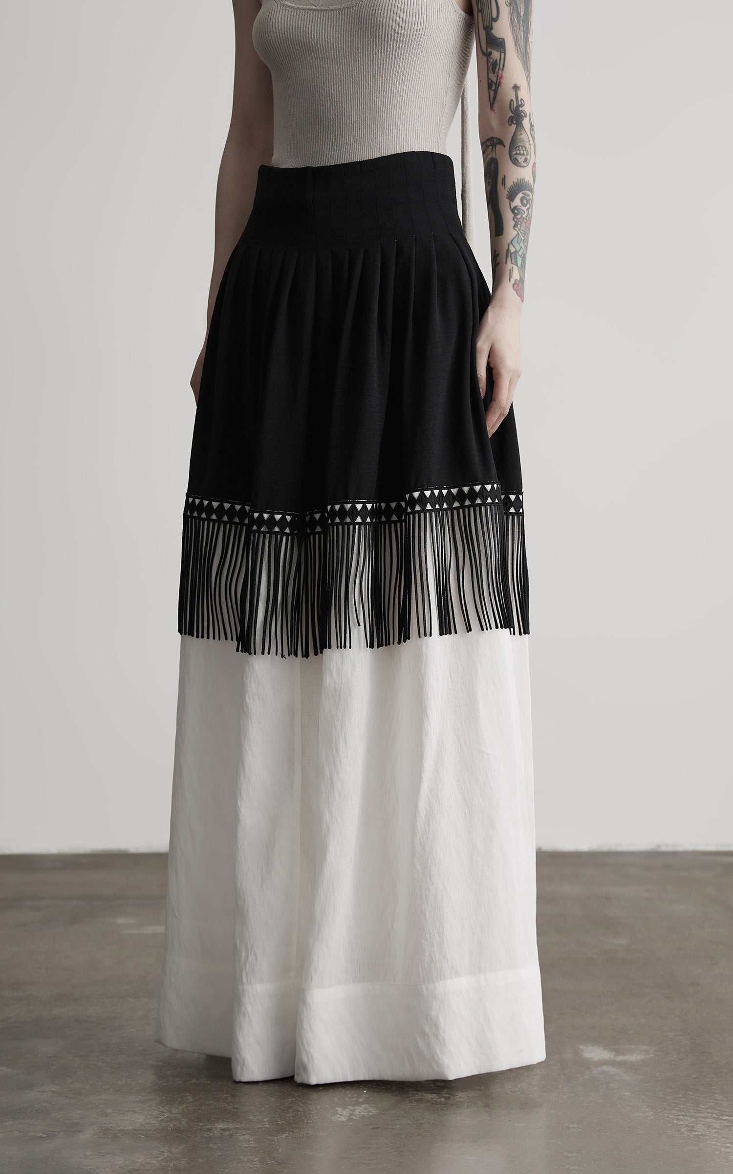 INDULGE Fringe Paneled Layered Skirt with Pleats and Contrast Hem