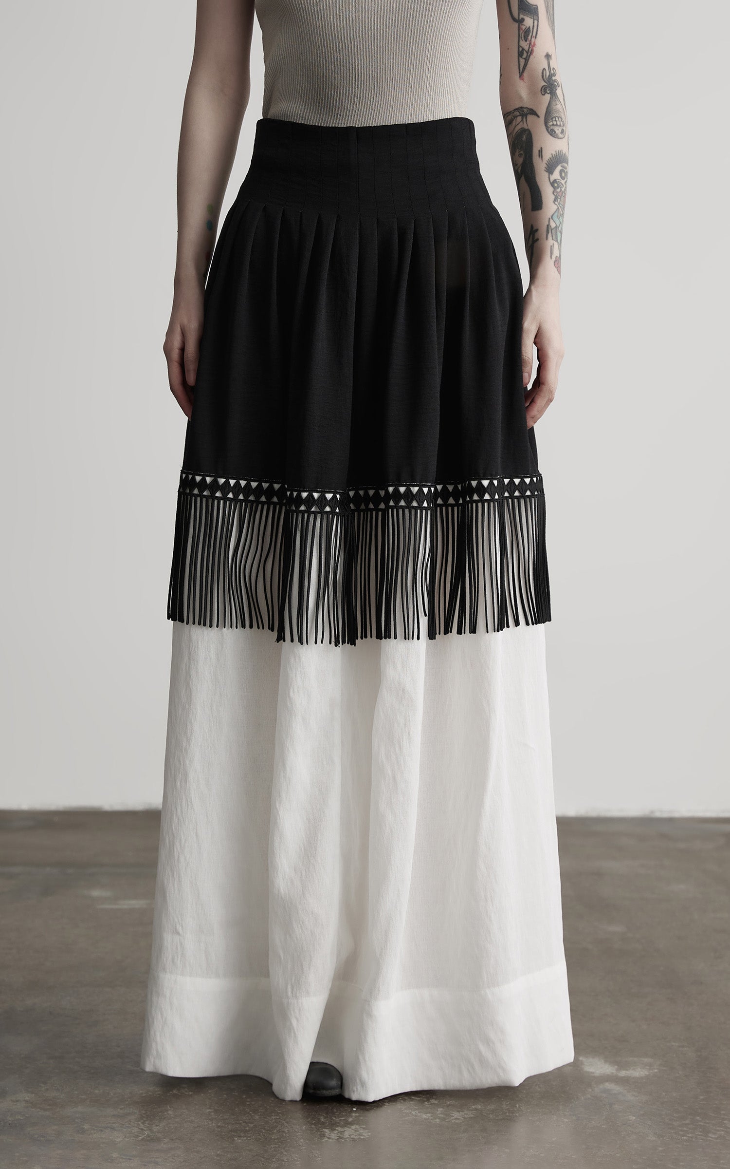 INDULGE Fringe Paneled Layered Skirt with Pleats and Contrast Hem