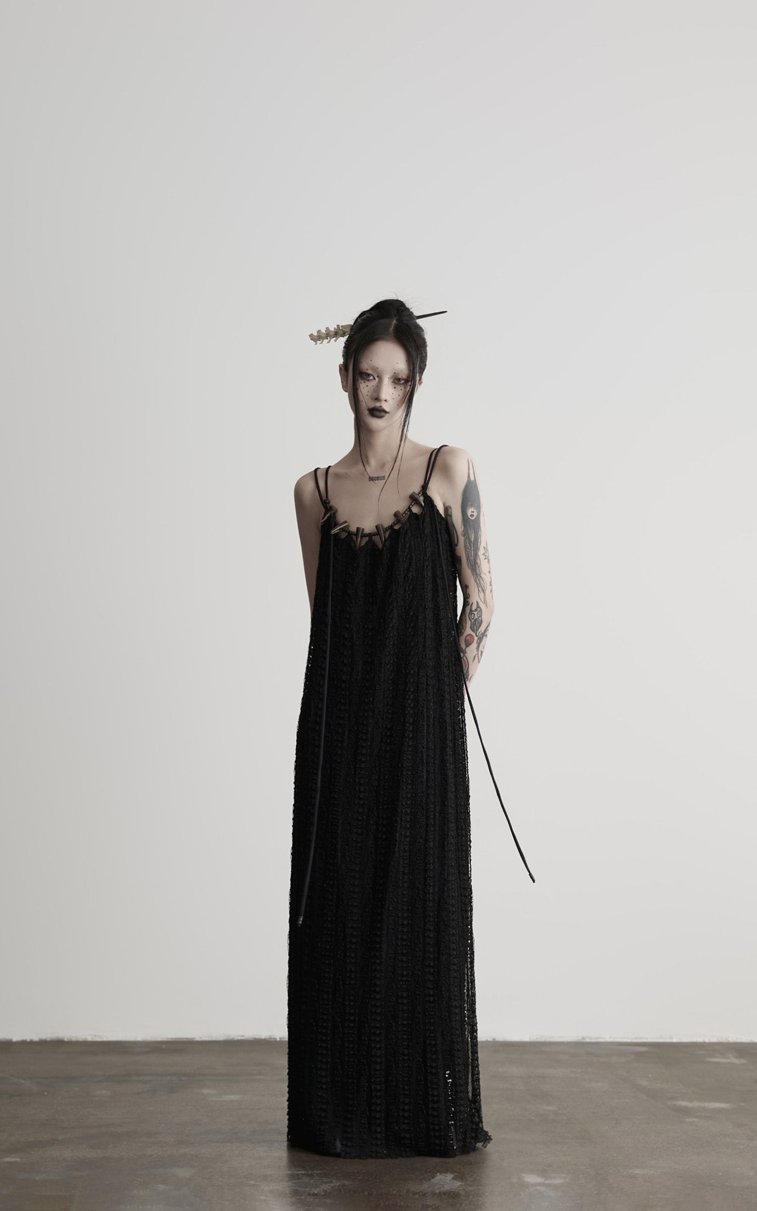 INDULGE Lace Panel Long Dress with Carved Horn Beads and Ring Strap Detail