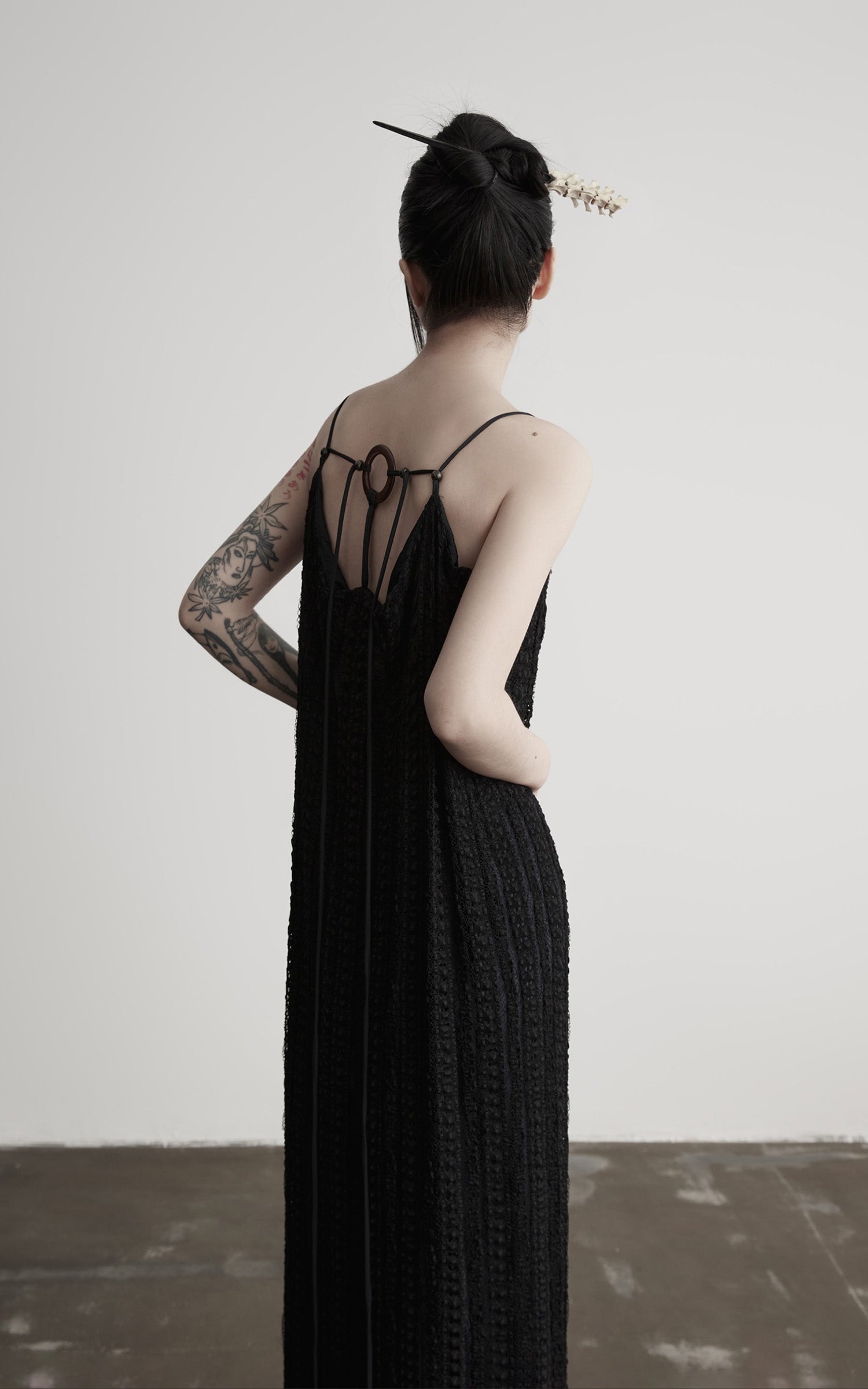 INDULGE Lace Panel Long Dress with Carved Horn Beads and Ring Strap Detail