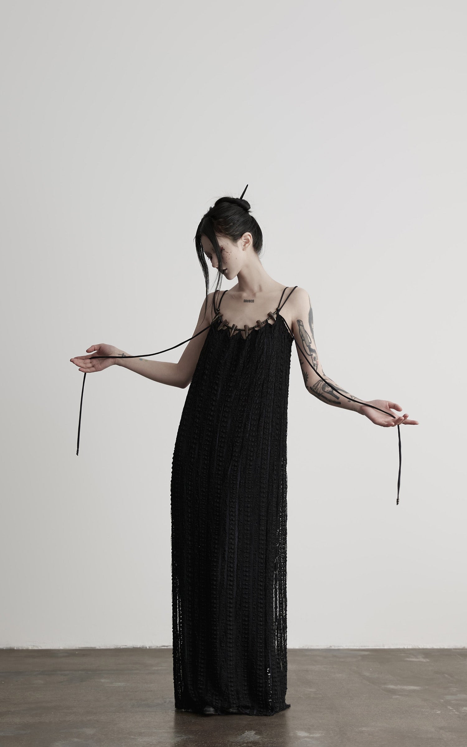 INDULGE Lace Panel Long Dress with Carved Horn Beads and Ring Strap Detail