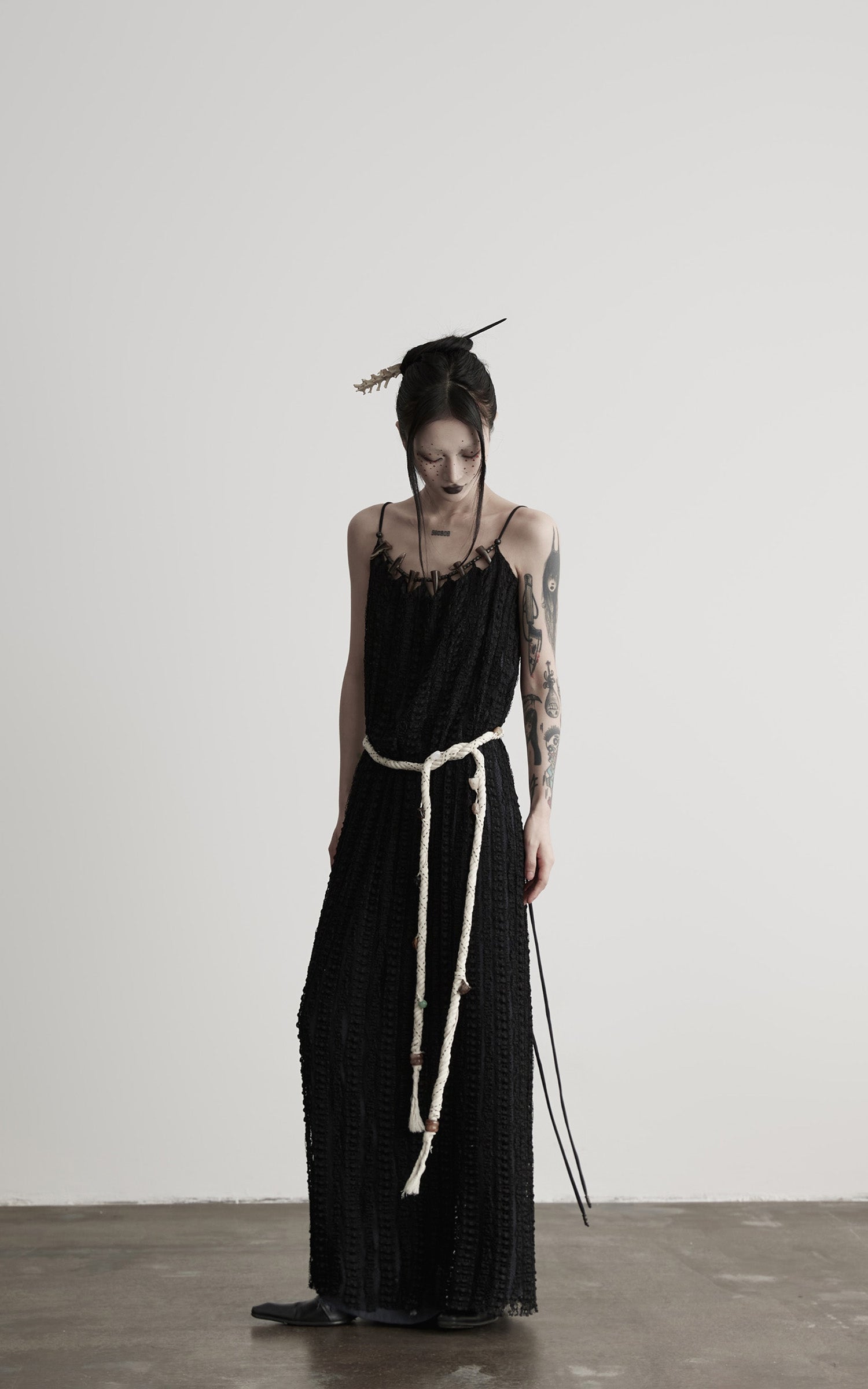INDULGE Lace Panel Long Dress with Carved Horn Beads and Ring Strap Detail