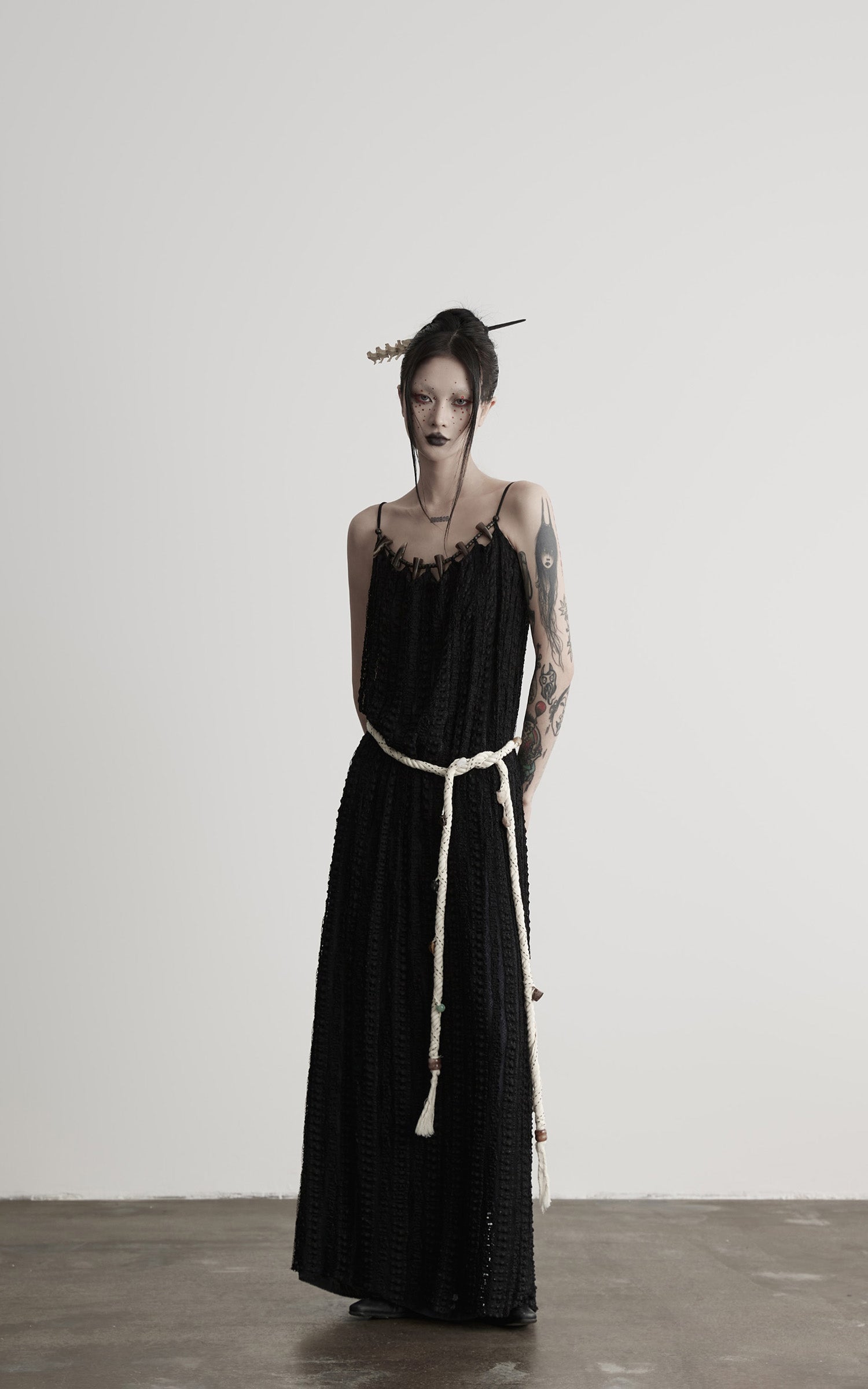 INDULGE Lace Panel Long Dress with Carved Horn Beads and Ring Strap Detail