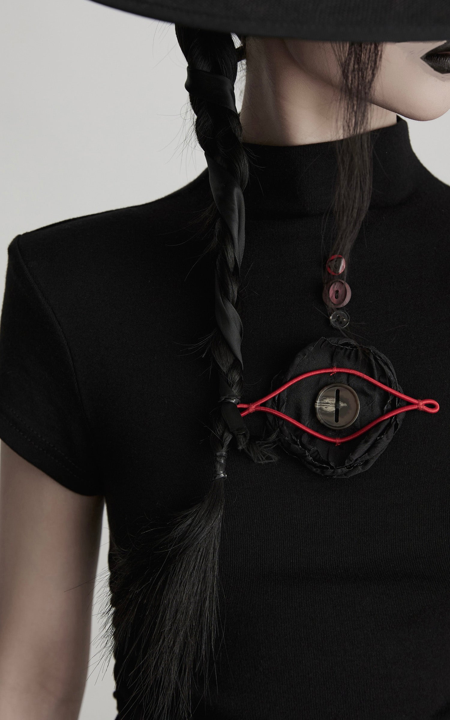 INDULGE Ruched Fitted Tee with Deconstructed Eye Button Detail