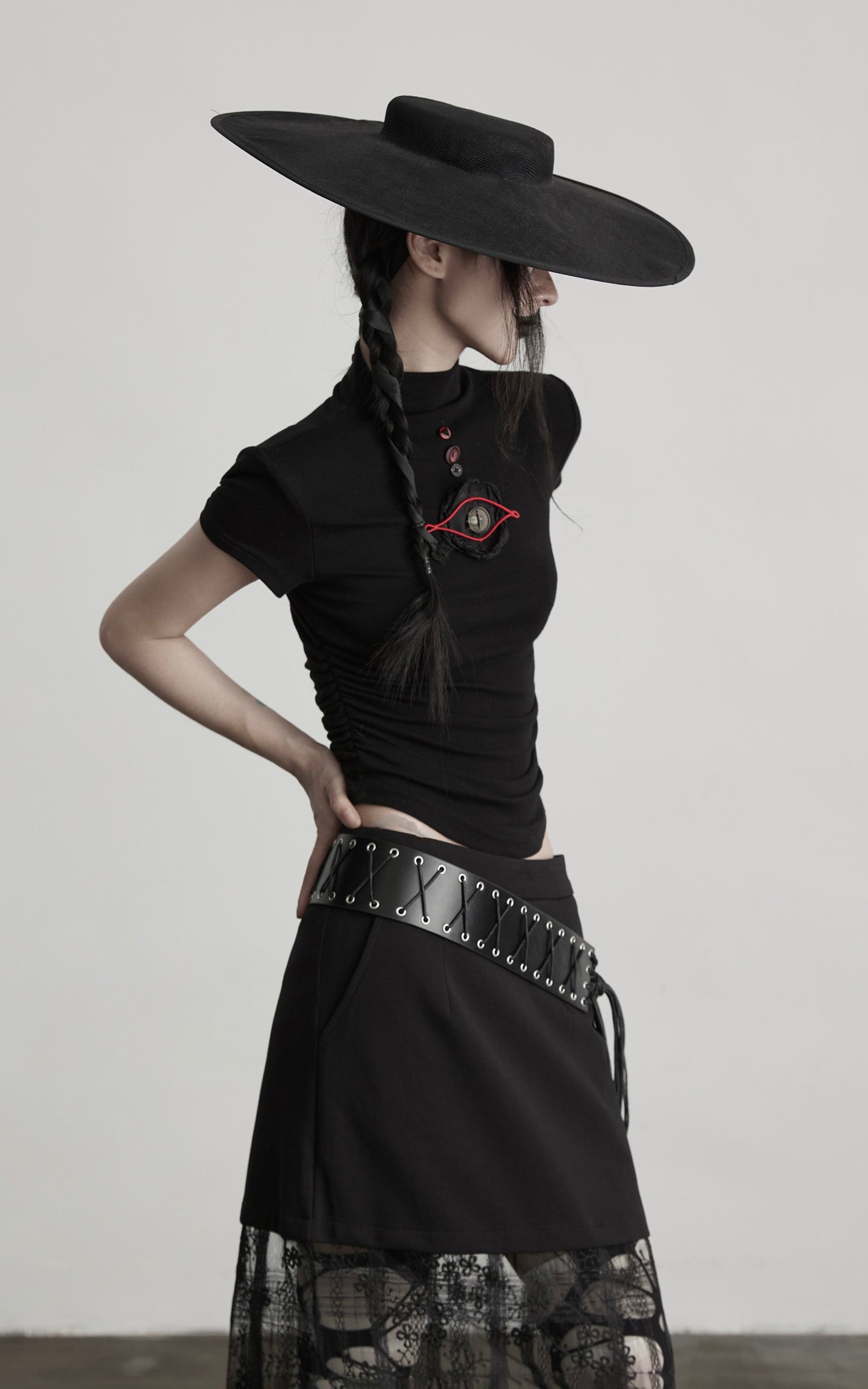 INDULGE Ruched Fitted Tee with Deconstructed Eye Button Detail