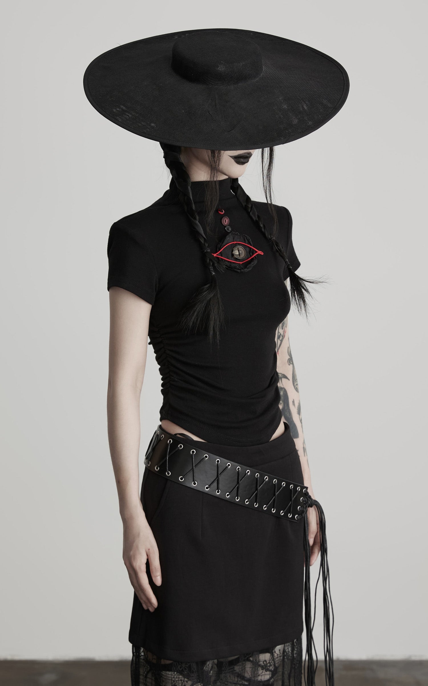 INDULGE Ruched Fitted Tee with Deconstructed Eye Button Detail