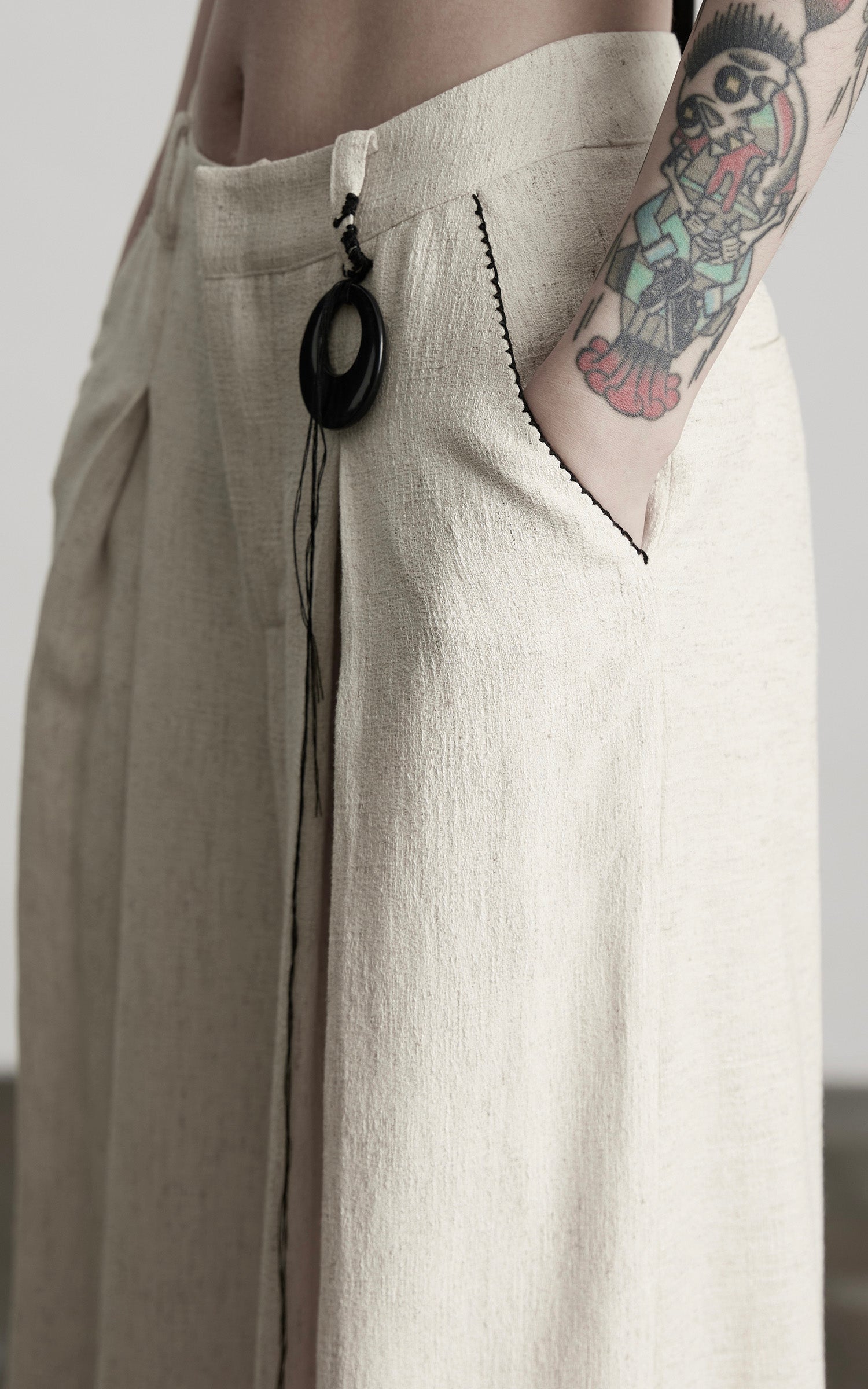 INDULGE Raw-Texture Wide-Leg Pants with Hand-Stitched Details
