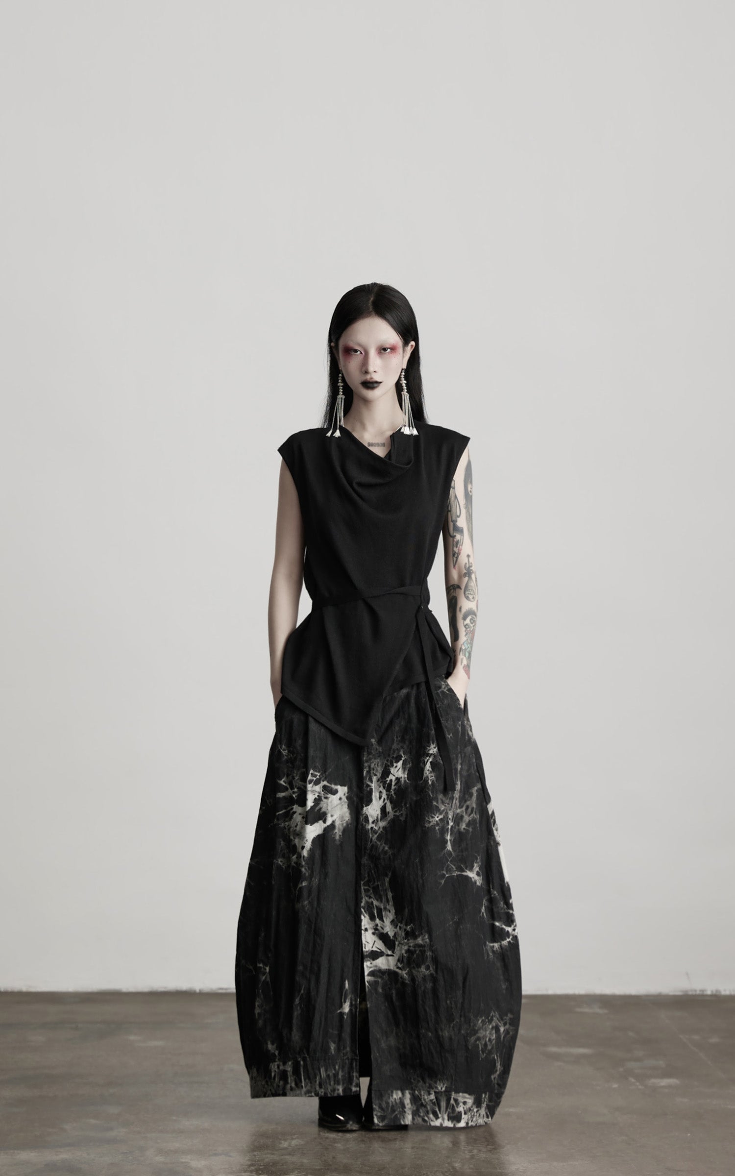 INDULGE Drape Shoulder Vest with Asymmetric Hemline and Textured Knit