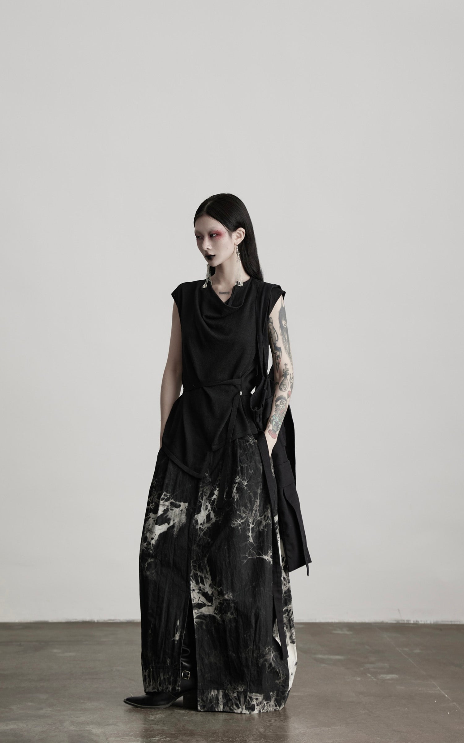 INDULGE Drape Shoulder Vest with Asymmetric Hemline and Textured Knit
