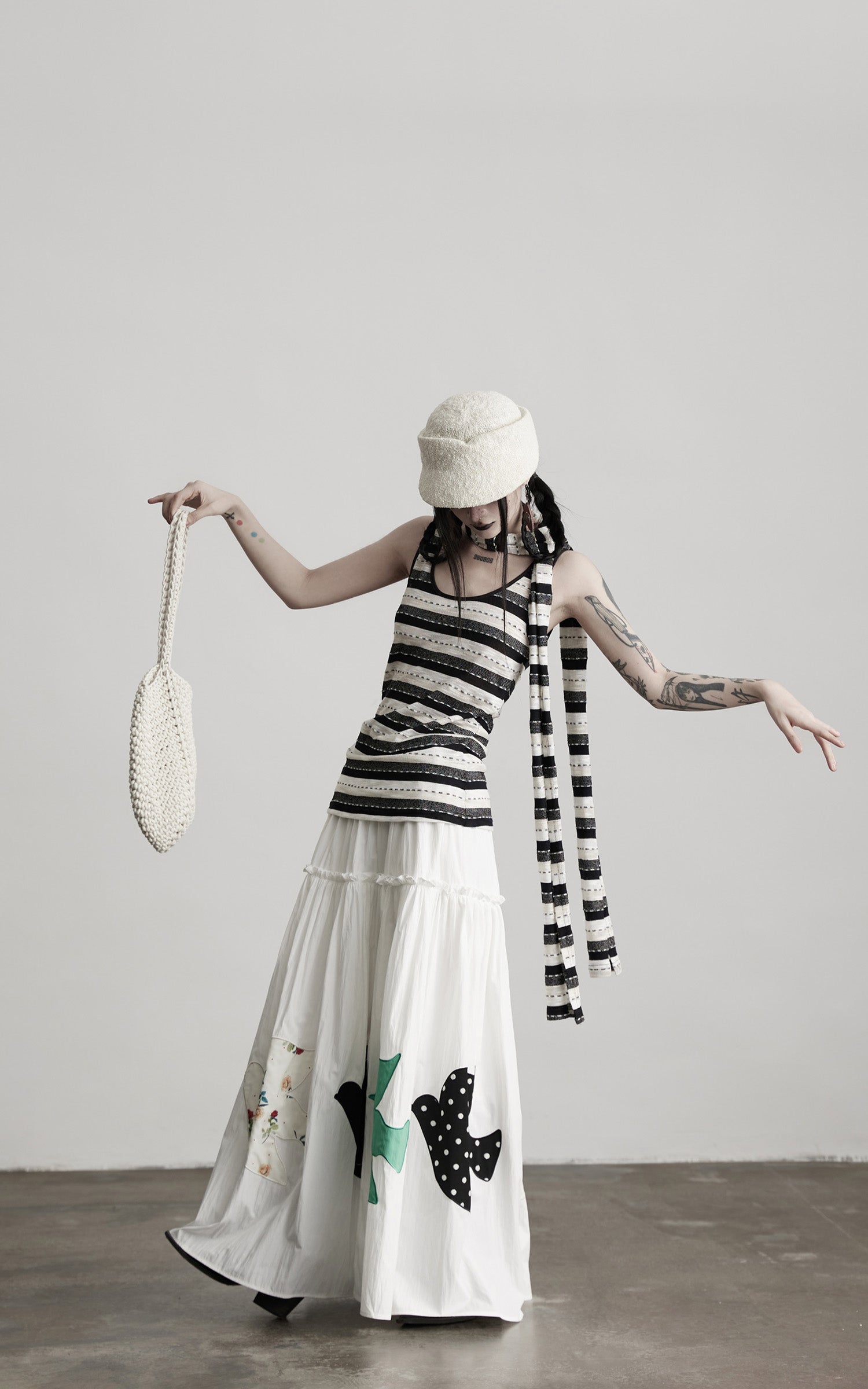 INDULGE Bird Patch Panel Maxi Skirt with Raw Volume Silhouette