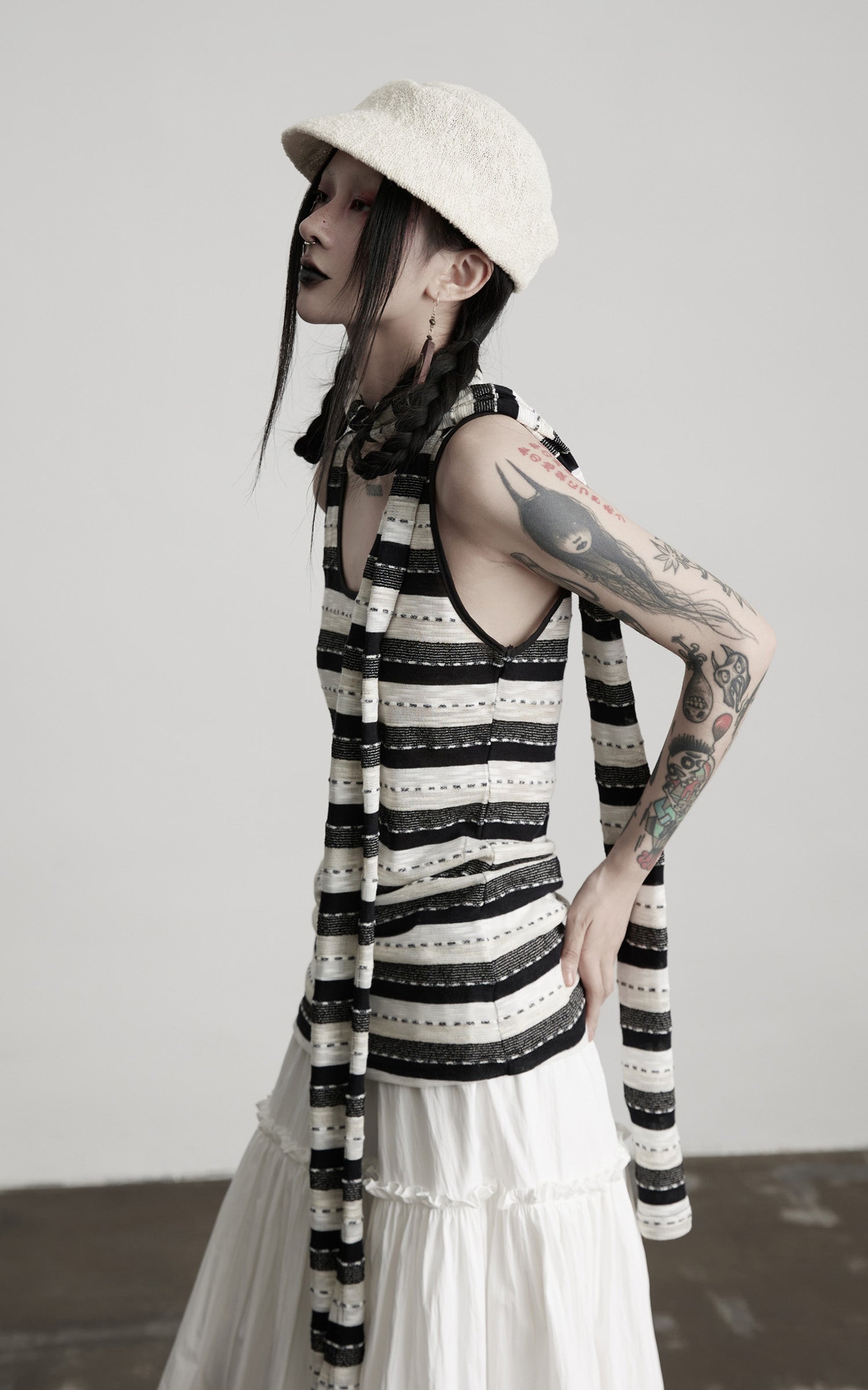 INDULGE Striped Deconstructed Tank Top and Elongated Scarf Set