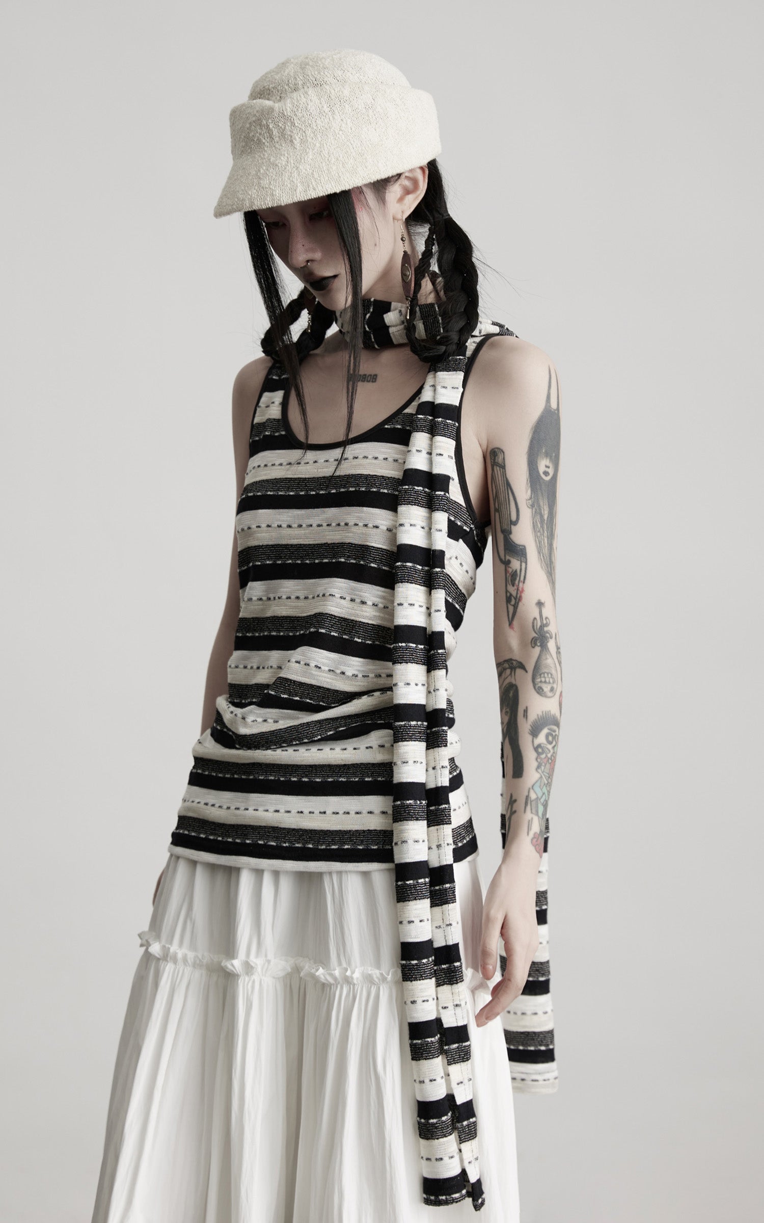 INDULGE Striped Deconstructed Tank Top and Elongated Scarf Set