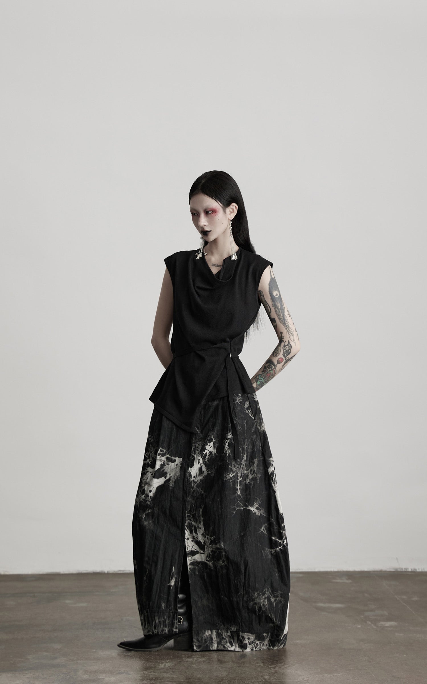 INDULGE Drape Shoulder Vest with Asymmetric Hemline and Textured Knit