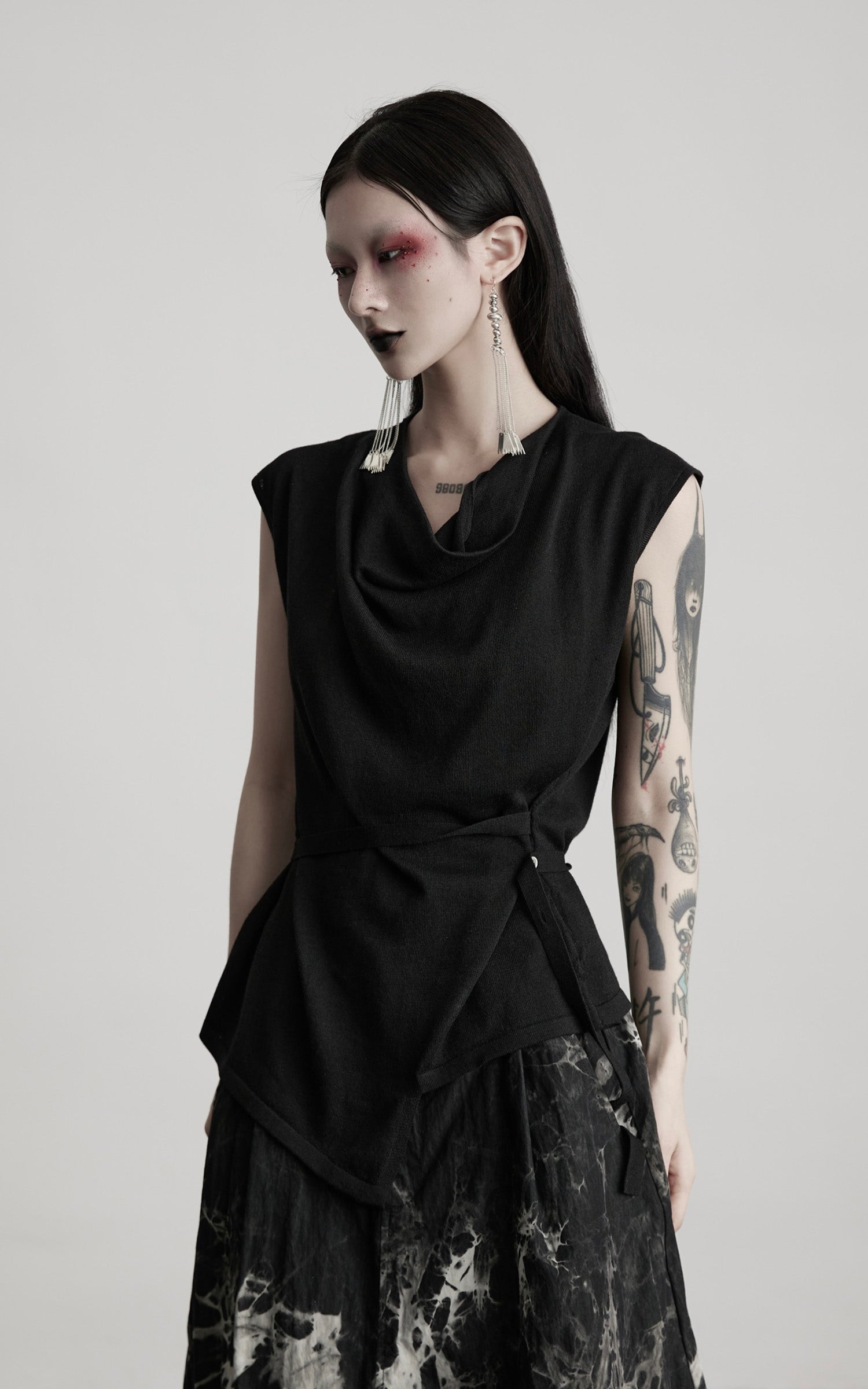 INDULGE Drape Shoulder Vest with Asymmetric Hemline and Textured Knit