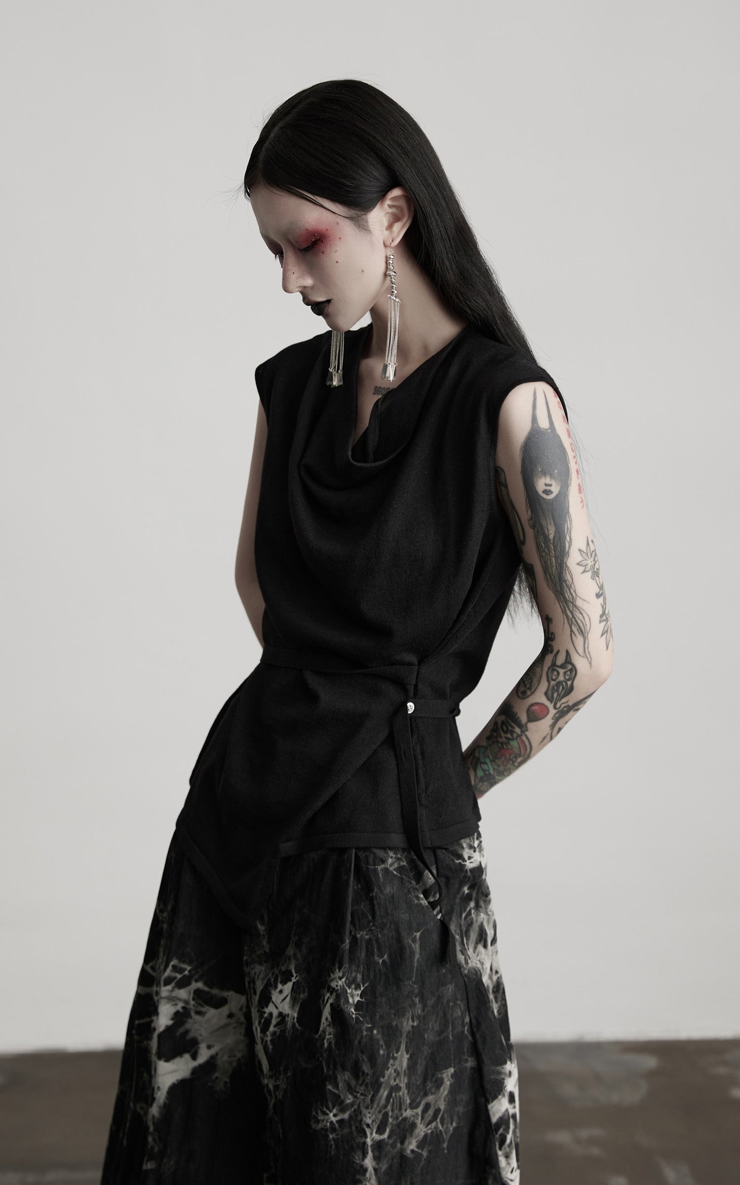 INDULGE Drape Shoulder Vest with Asymmetric Hemline and Textured Knit