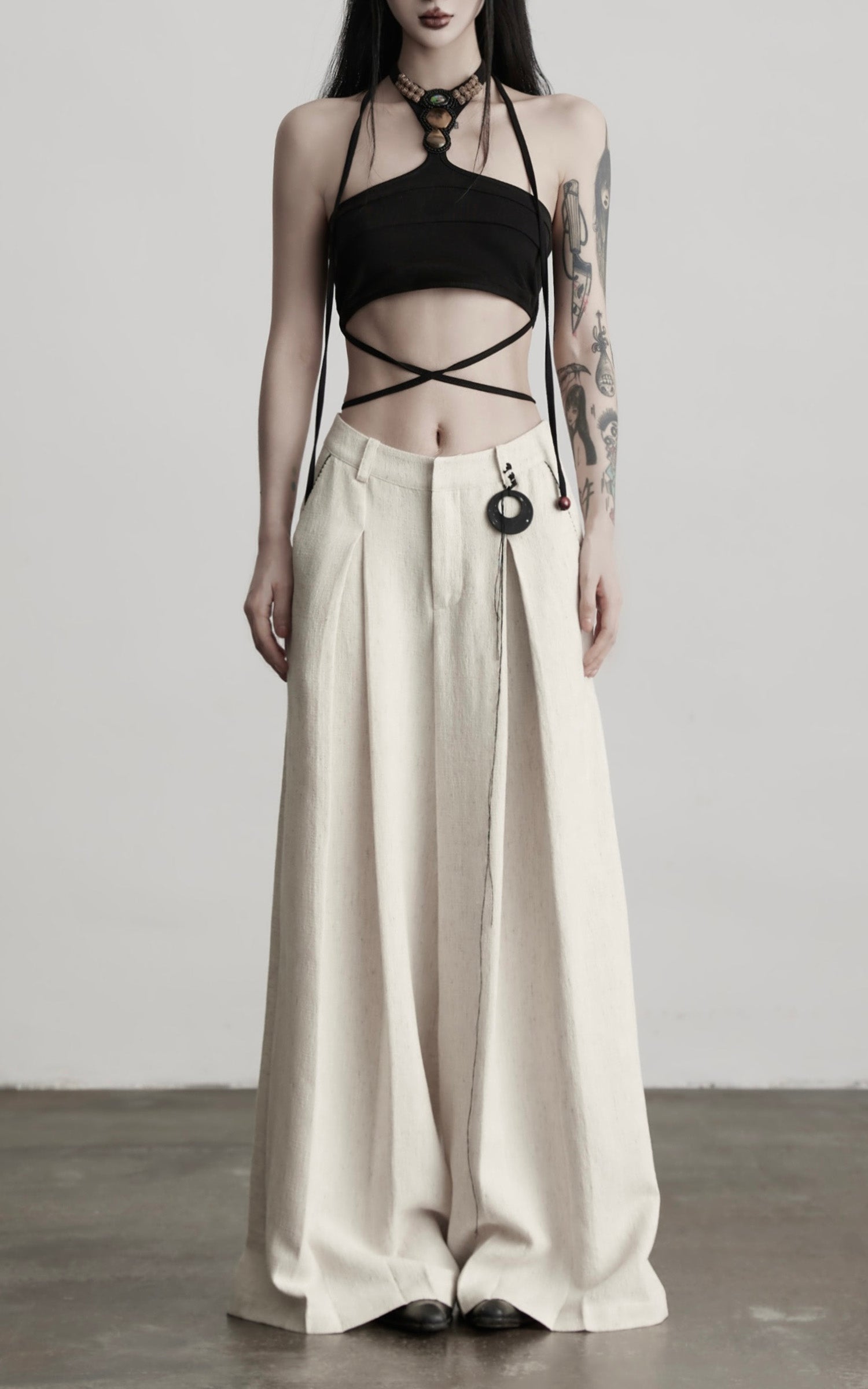 INDULGE Raw-Texture Wide-Leg Pants with Hand-Stitched Details