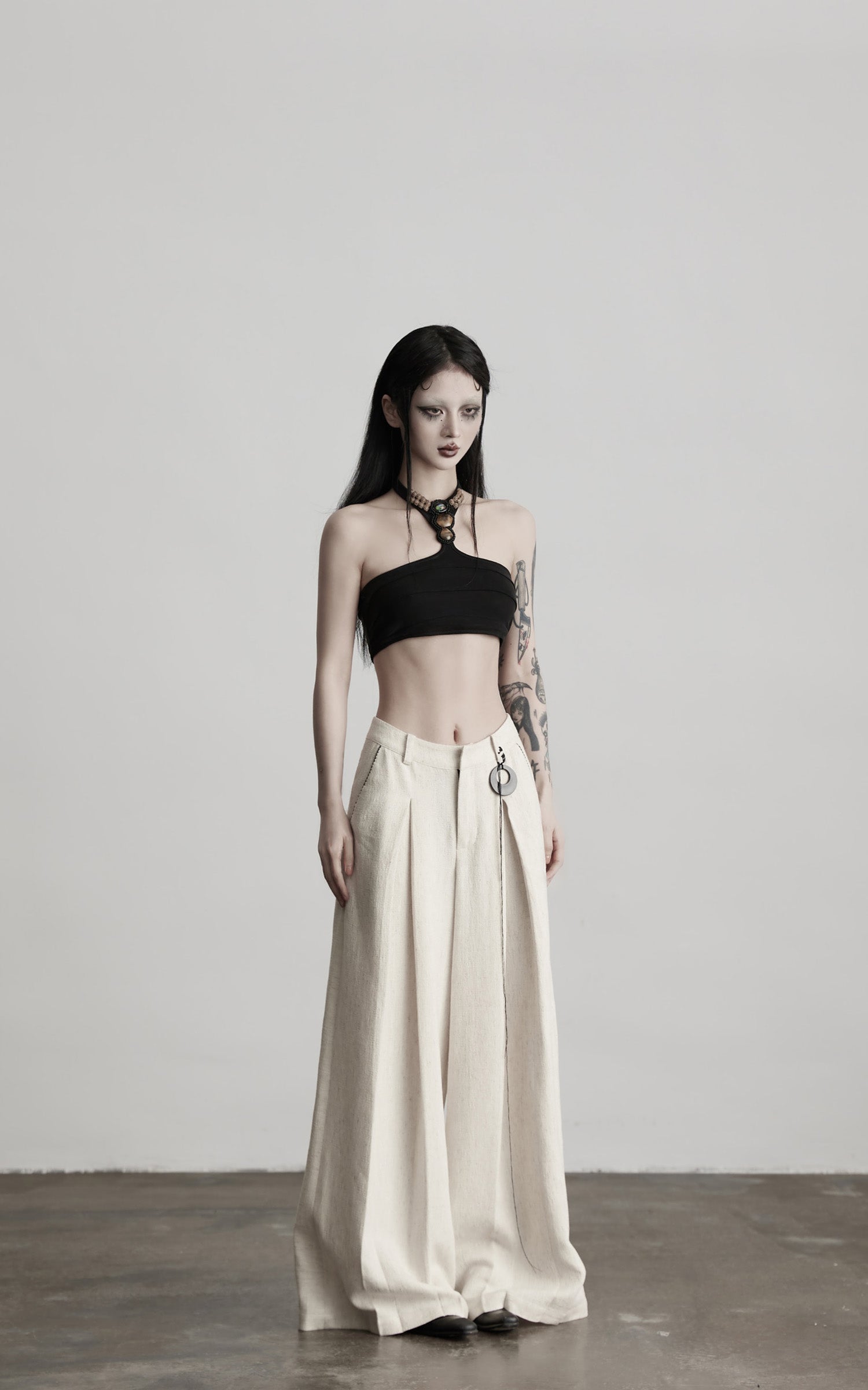 INDULGE Raw-Texture Wide-Leg Pants with Hand-Stitched Details