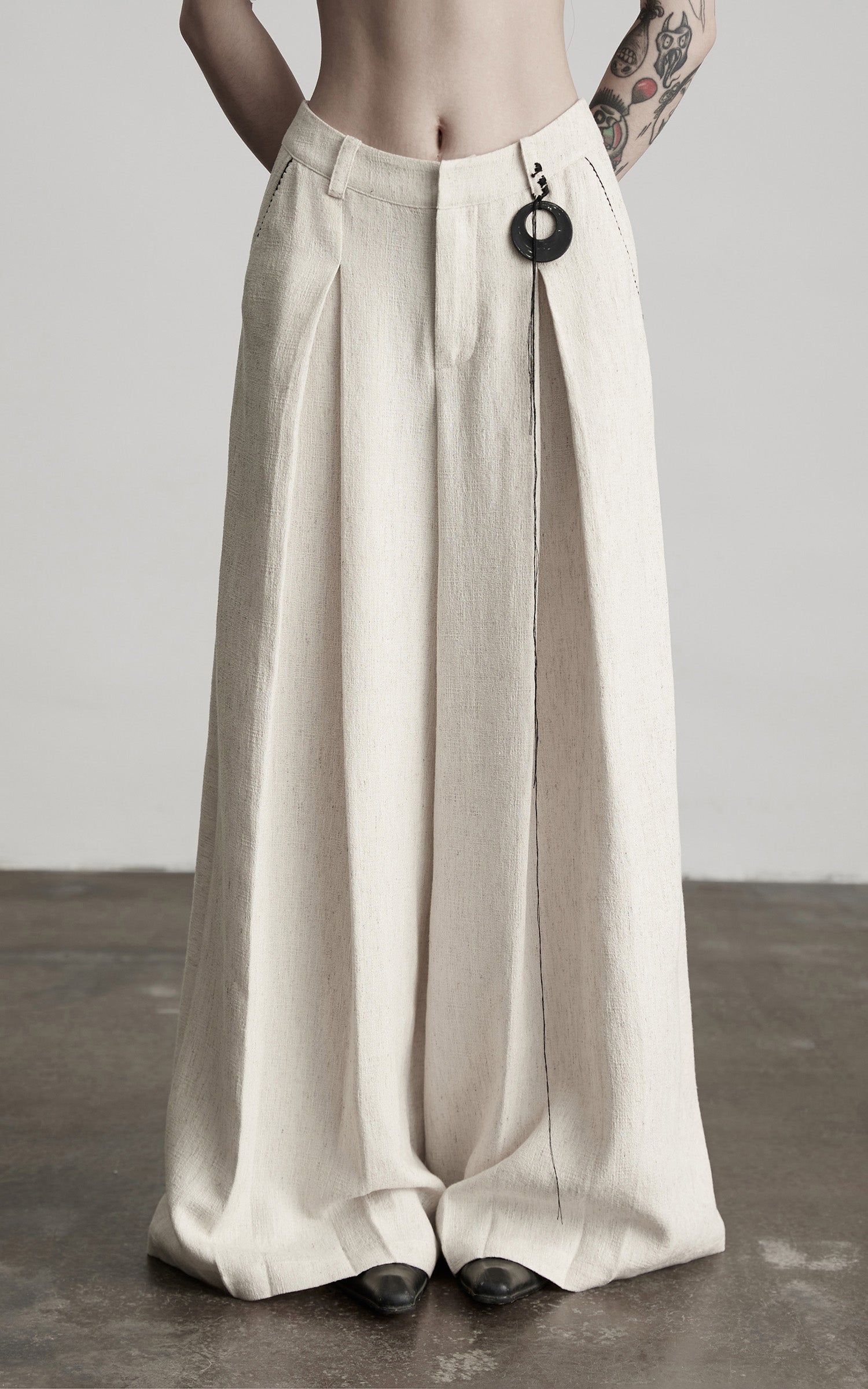 INDULGE Raw-Texture Wide-Leg Pants with Hand-Stitched Details