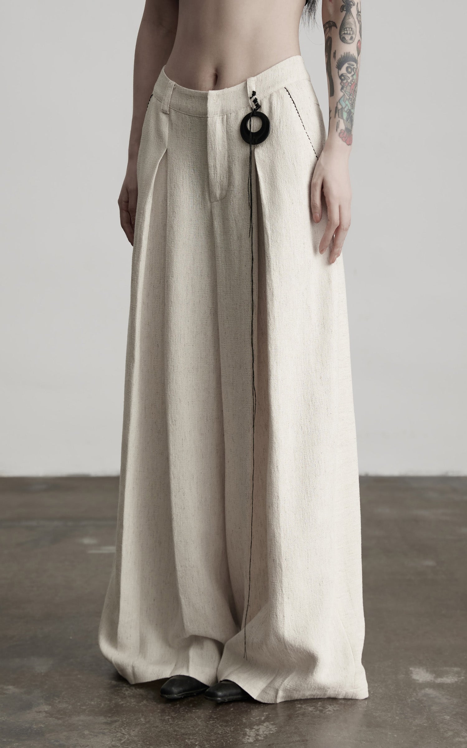 INDULGE Raw-Texture Wide-Leg Pants with Hand-Stitched Details