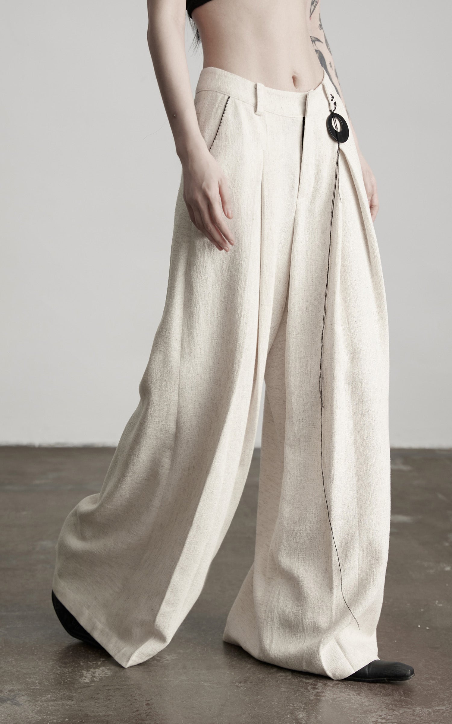 INDULGE Raw-Texture Wide-Leg Pants with Hand-Stitched Details