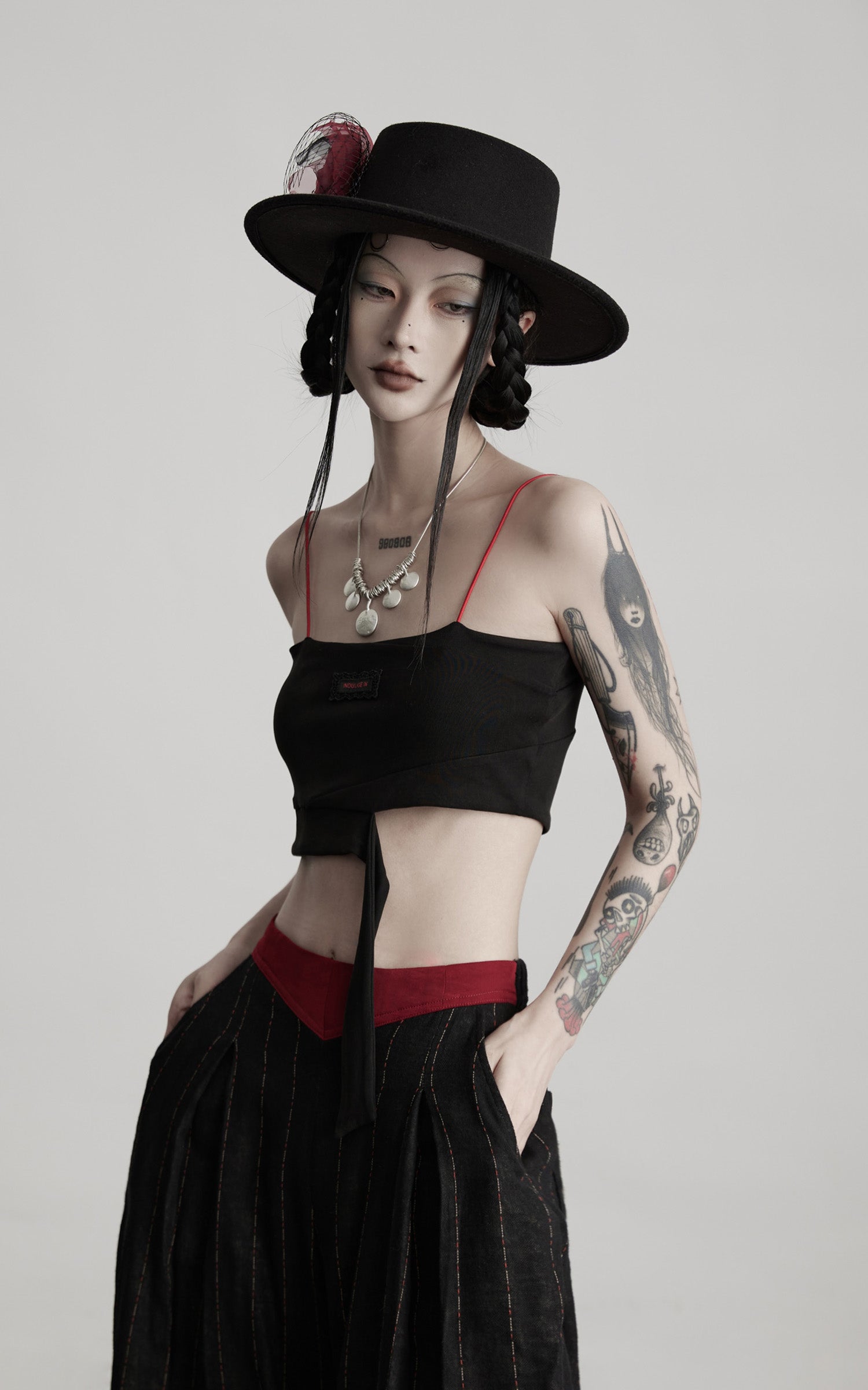 INDULGE IN Structured Ribbon Cami Top with Red Beaded Straps