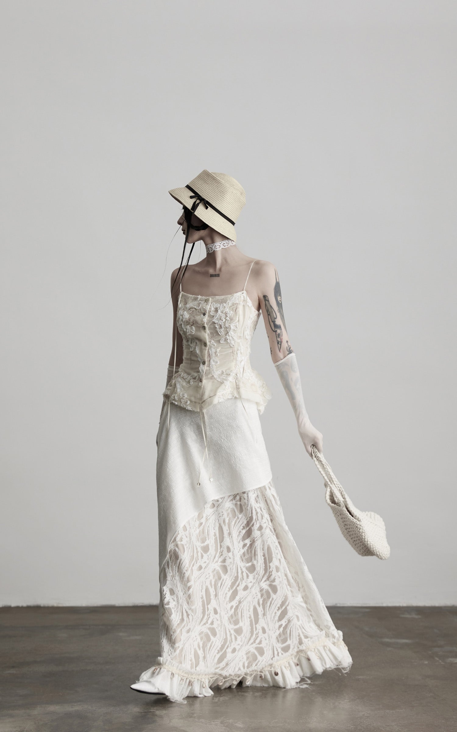 INDULGE Embroidered Lace Patchwork Maxi Skirt with Draped Overlay and Shell Trim