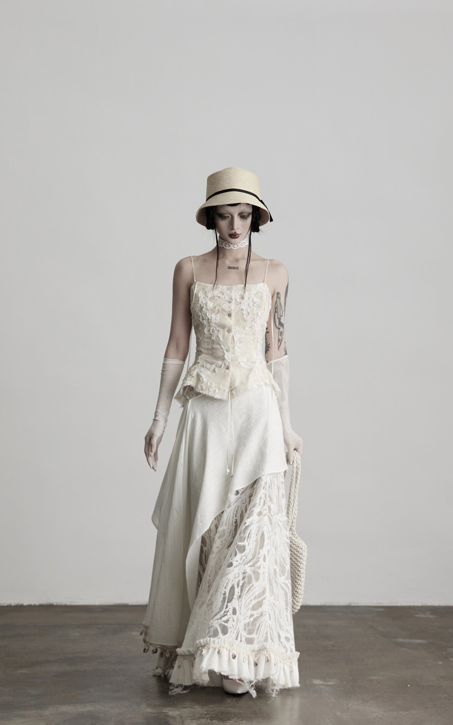 INDULGE Embroidered Lace Patchwork Maxi Skirt with Draped Overlay and Shell Trim