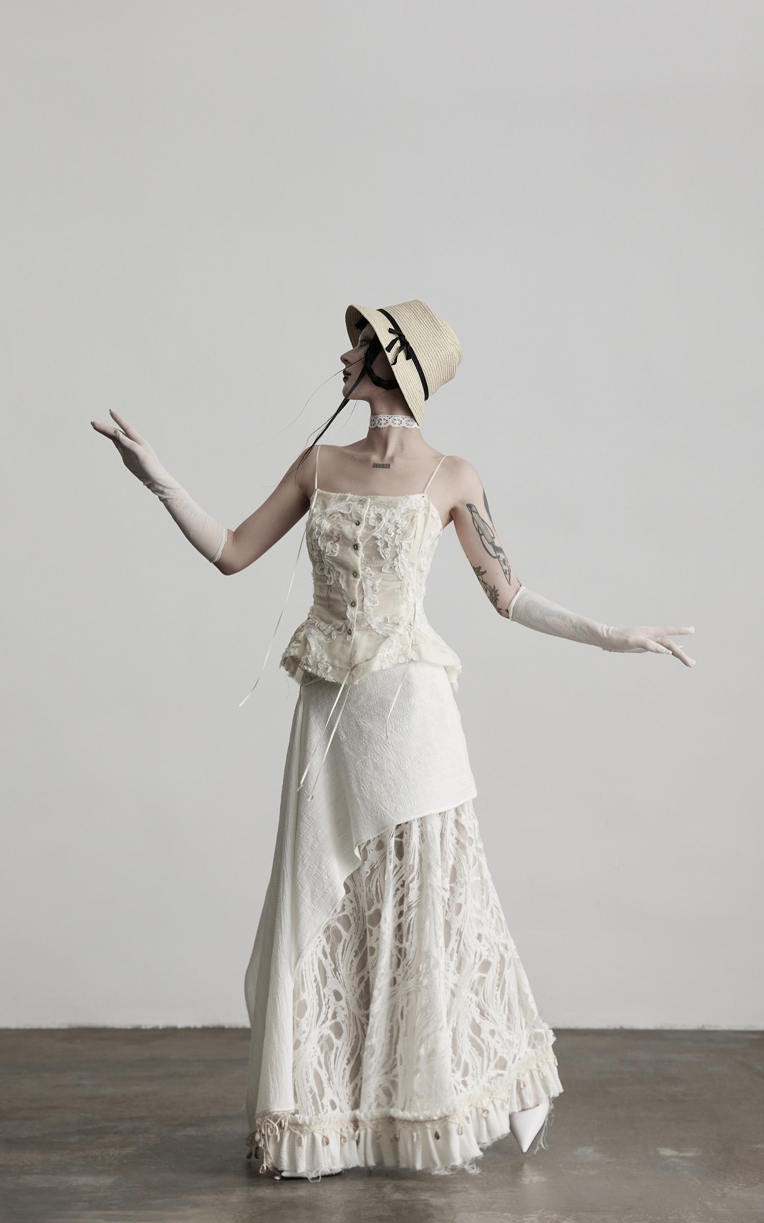 INDULGE Embroidered Lace Patchwork Maxi Skirt with Draped Overlay and Shell Trim