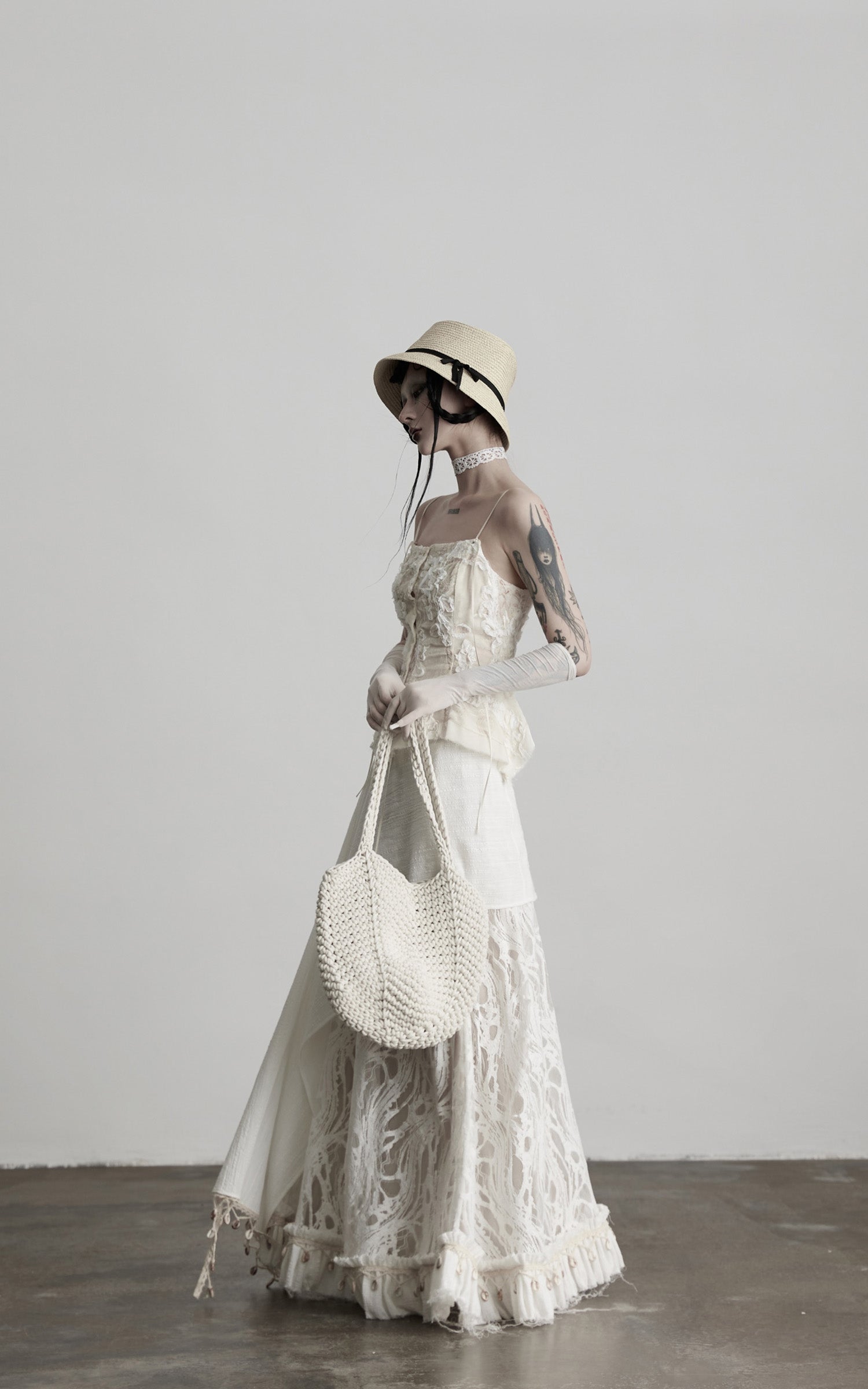 INDULGE Embroidered Lace Patchwork Maxi Skirt with Draped Overlay and Shell Trim