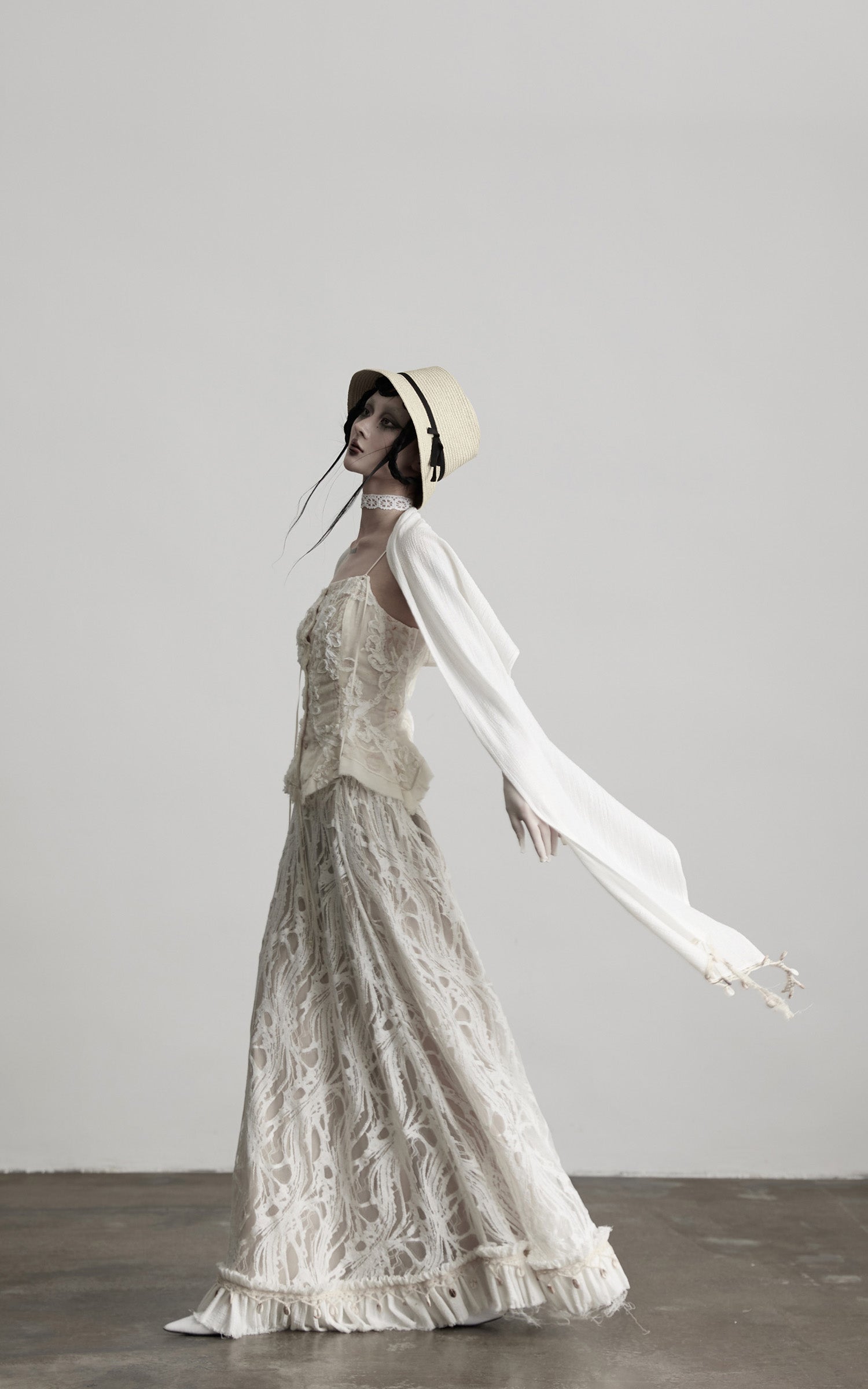 INDULGE Embroidered Lace Patchwork Maxi Skirt with Draped Overlay and Shell Trim