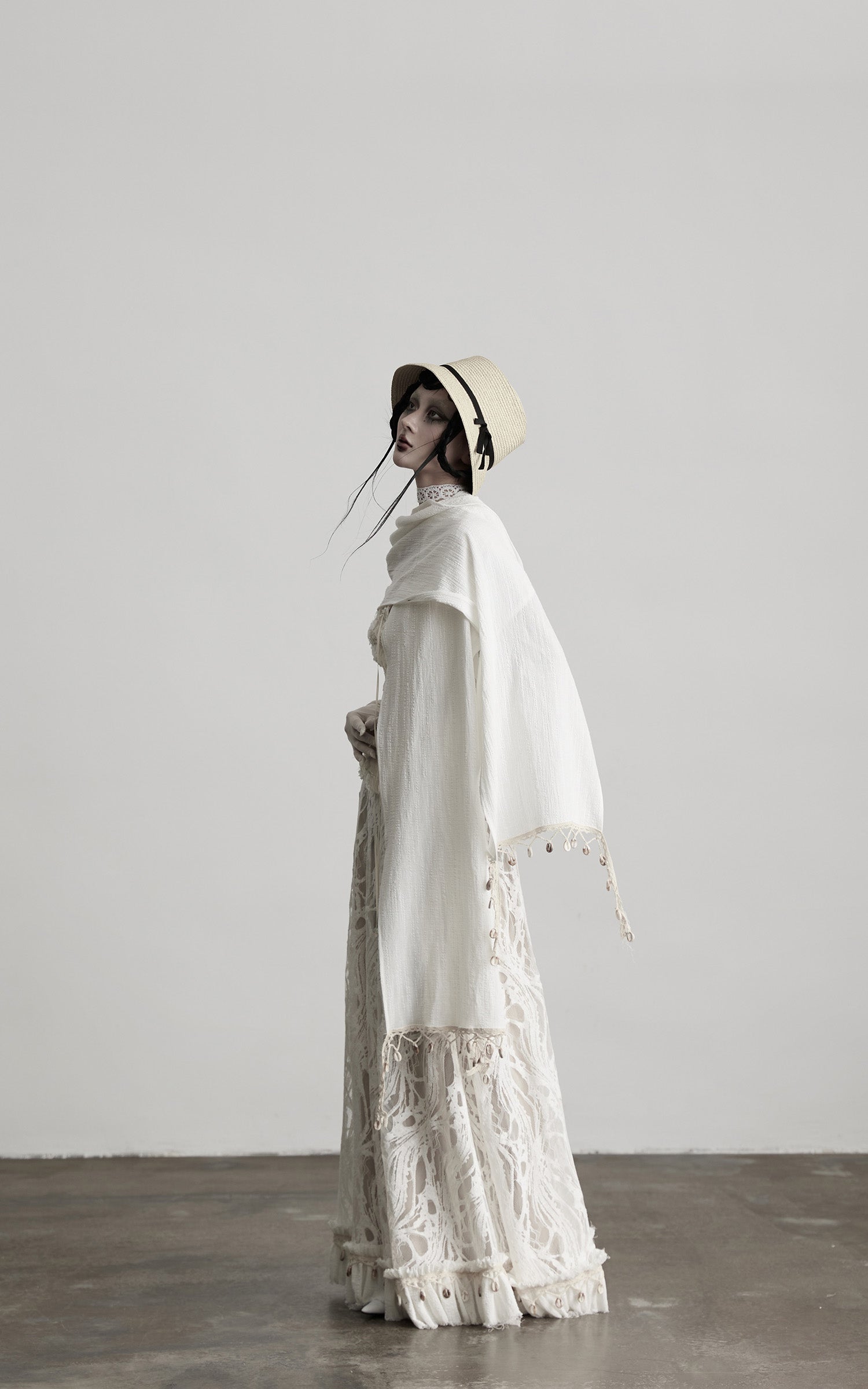 INDULGE Embroidered Lace Patchwork Maxi Skirt with Draped Overlay and Shell Trim