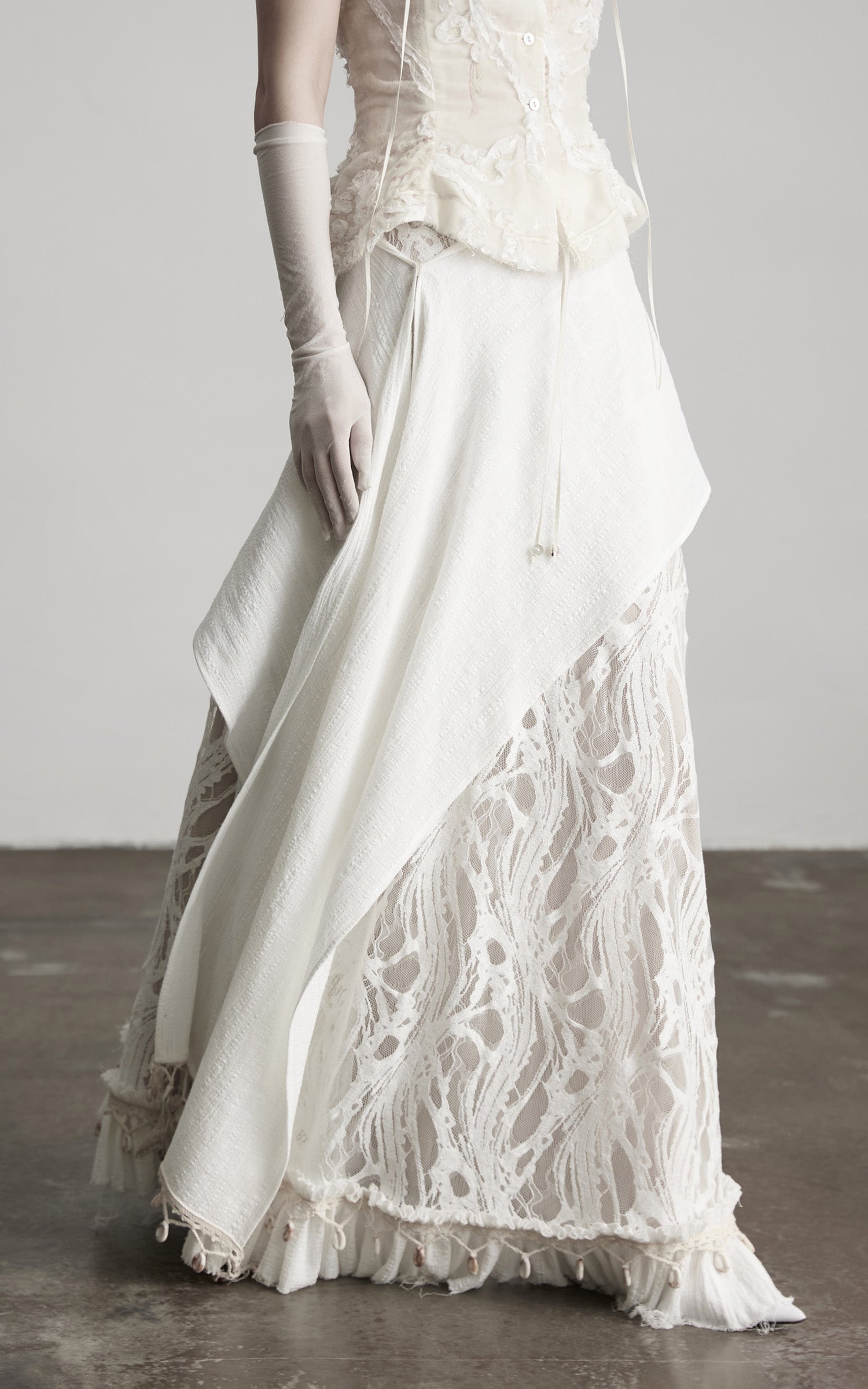 INDULGE Embroidered Lace Patchwork Maxi Skirt with Draped Overlay and Shell Trim