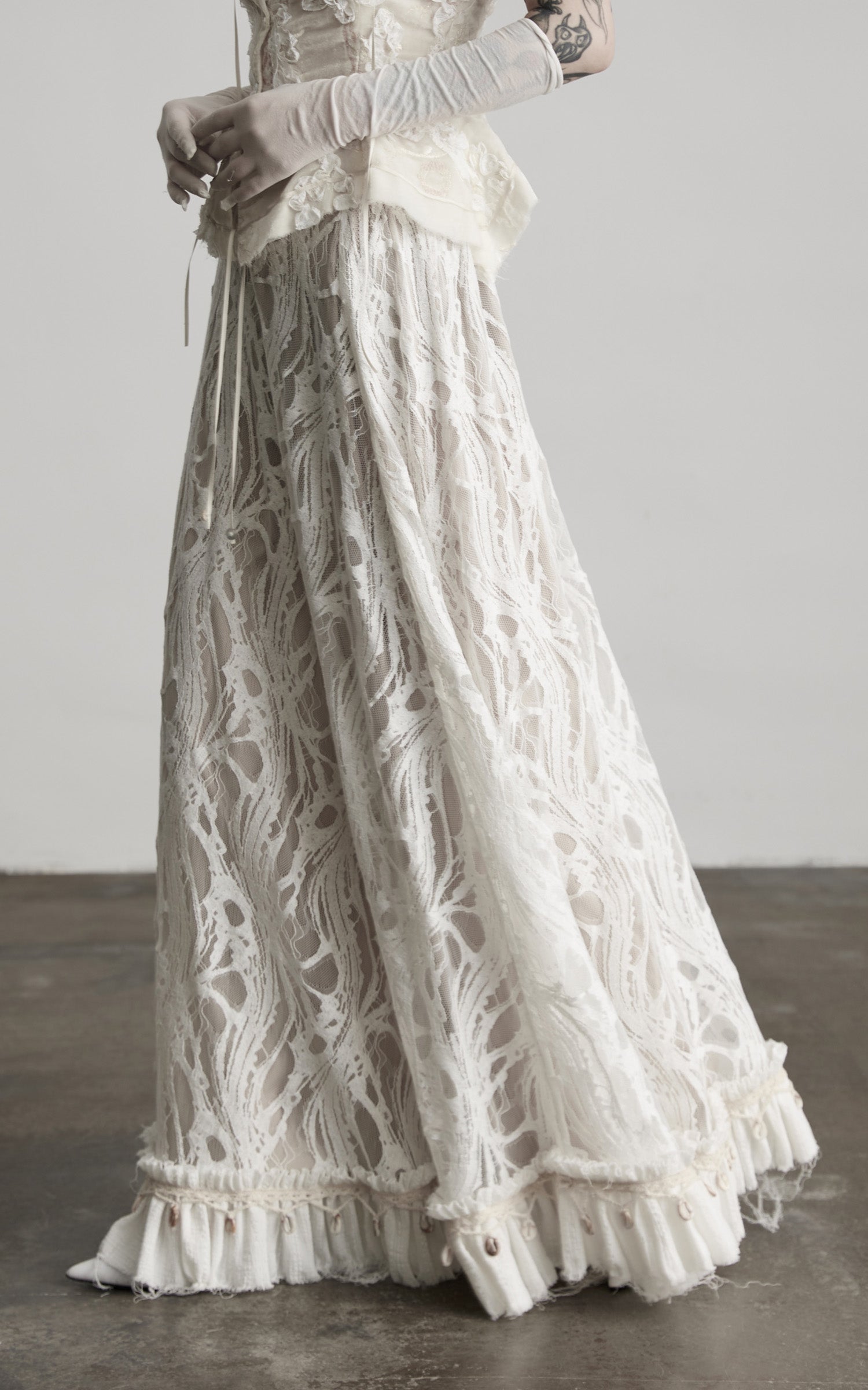 INDULGE Embroidered Lace Patchwork Maxi Skirt with Draped Overlay and Shell Trim