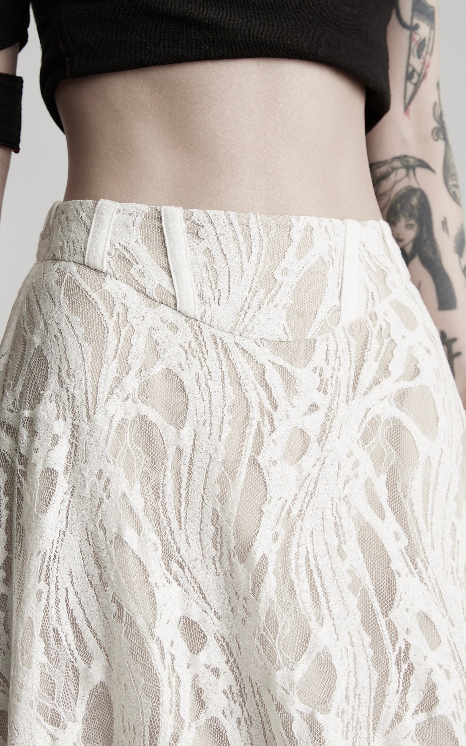 INDULGE Embroidered Lace Patchwork Maxi Skirt with Draped Overlay and Shell Trim