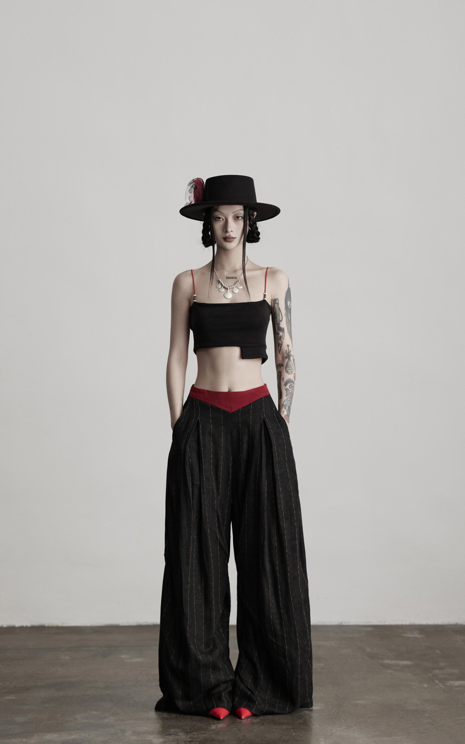 INDULGE Deconstructed Pinstripe Wide-Leg Pants with Contrast Waistband