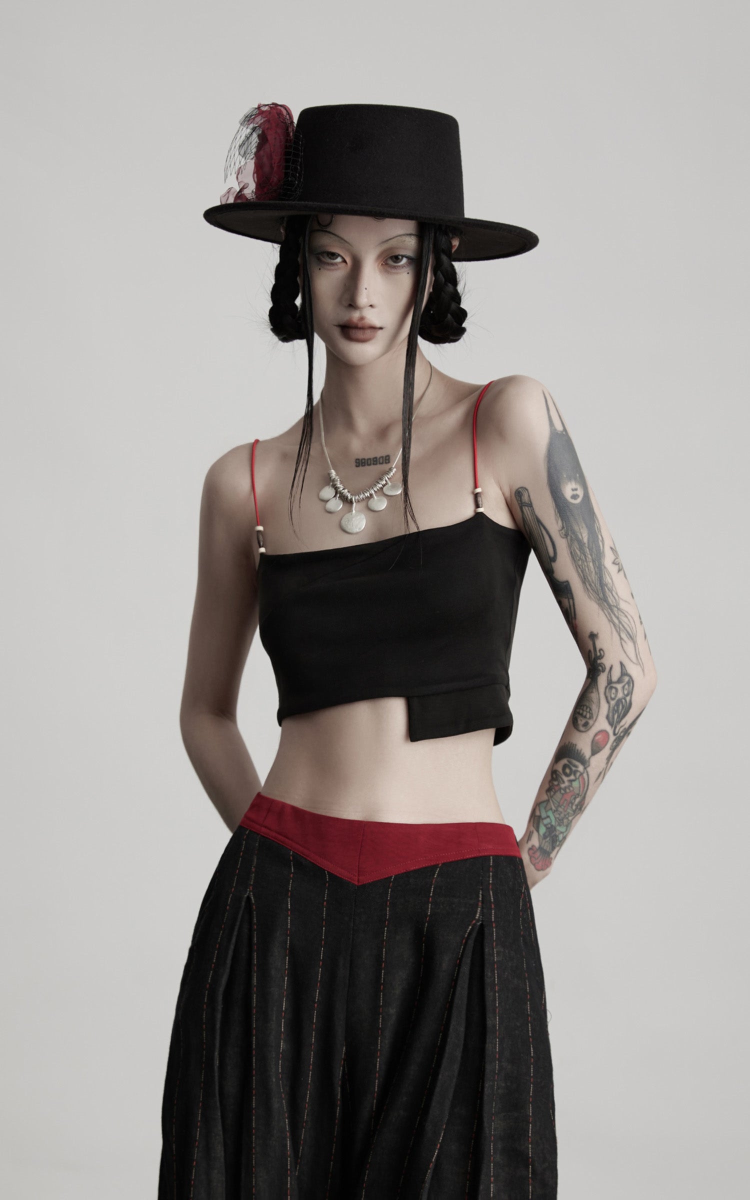 INDULGE IN Structured Ribbon Cami Top with Red Beaded Straps