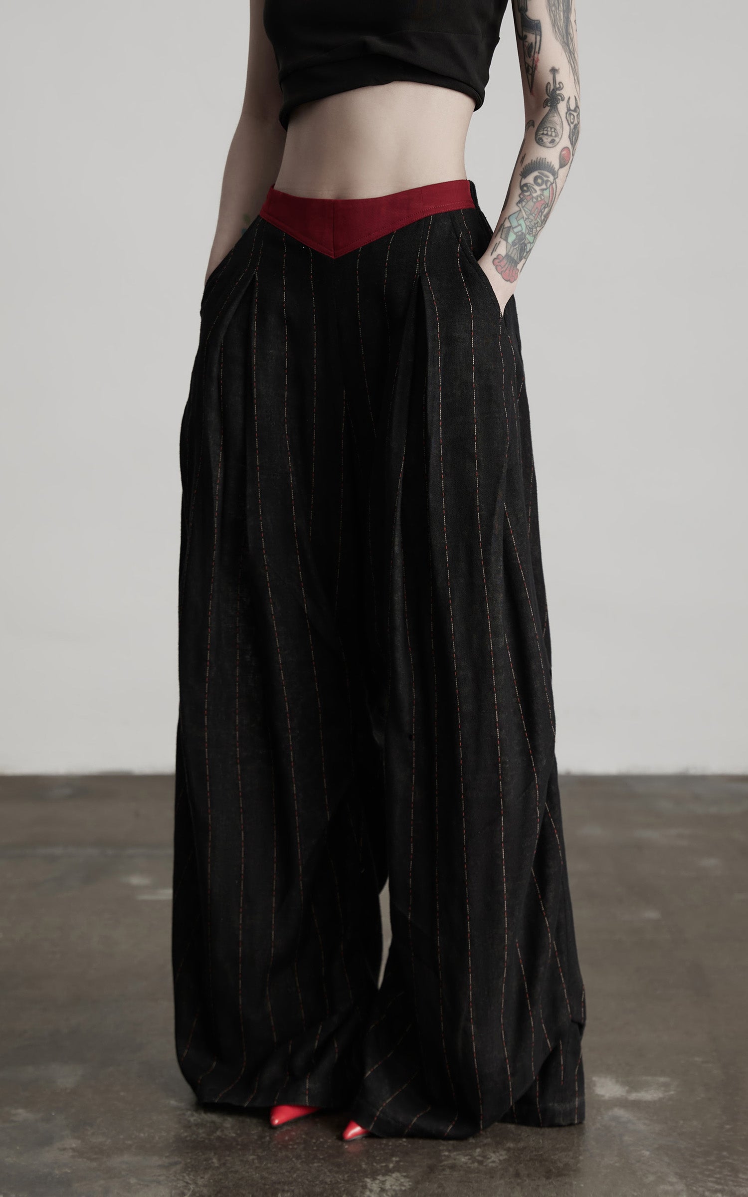 INDULGE Deconstructed Pinstripe Wide-Leg Pants with Contrast Waistband