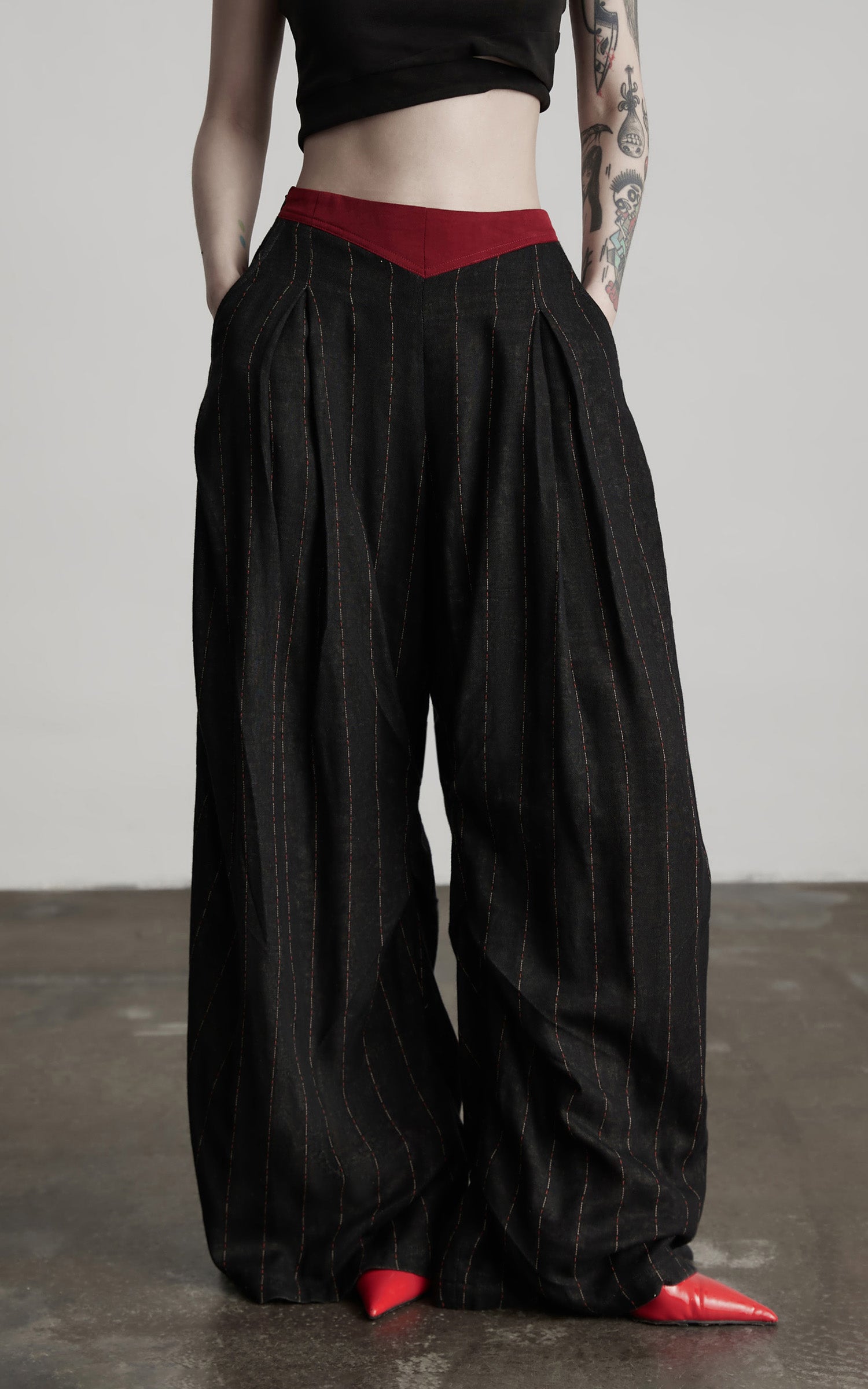 INDULGE Deconstructed Pinstripe Wide-Leg Pants with Contrast Waistband