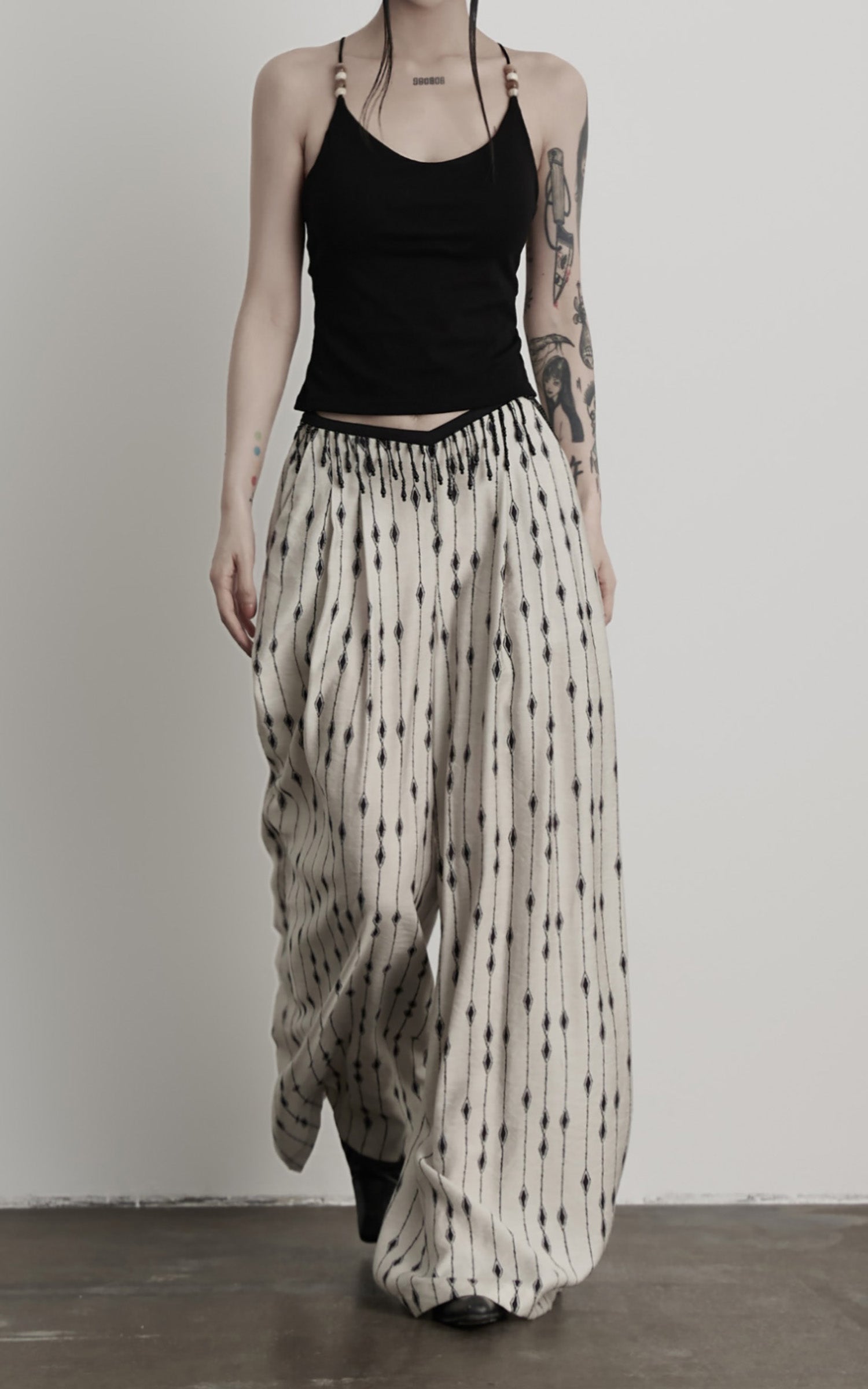 INDULGE Embellished Wide-Leg Pants with Beaded Draped Waistline