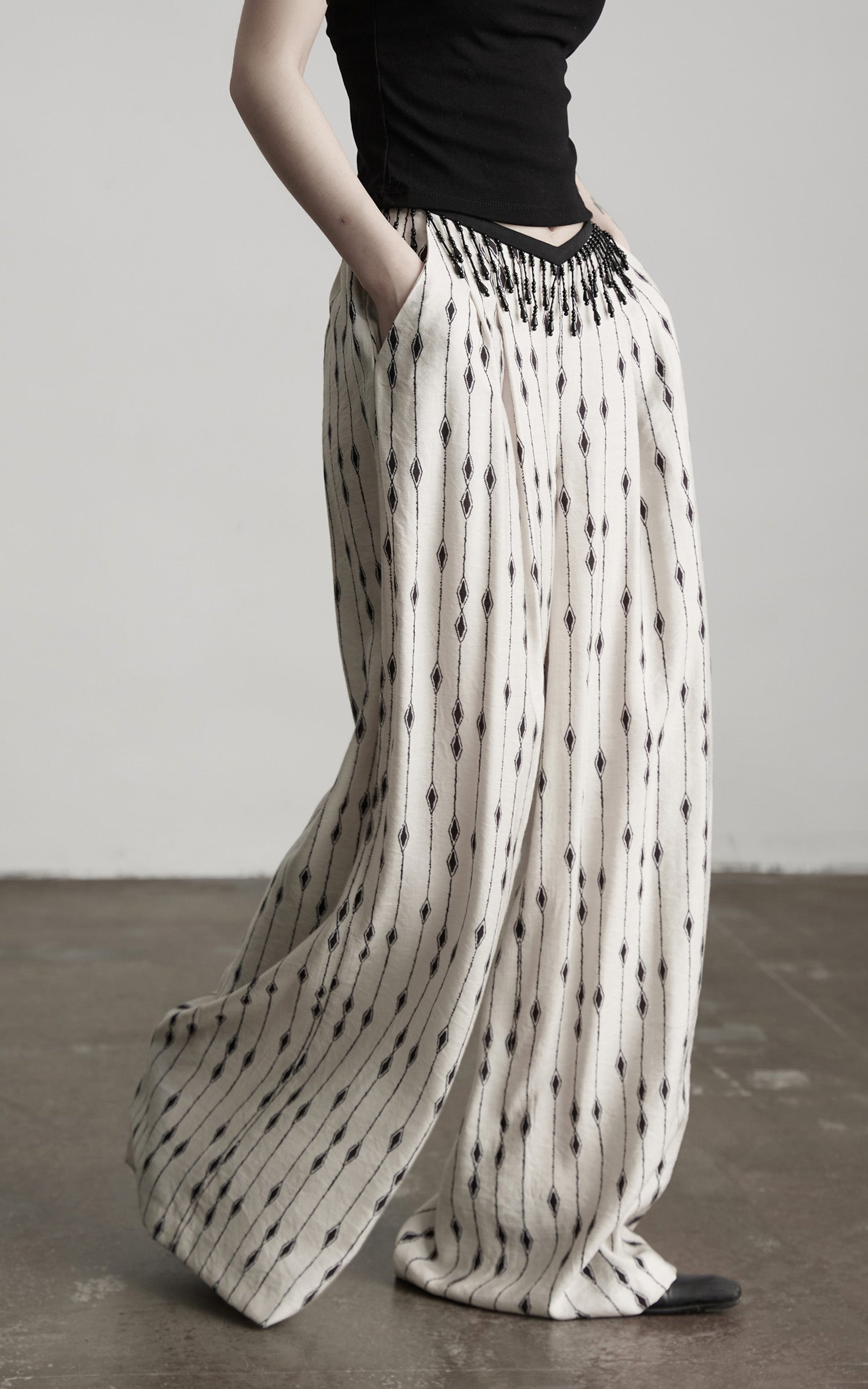 INDULGE Embellished Wide-Leg Pants with Beaded Draped Waistline