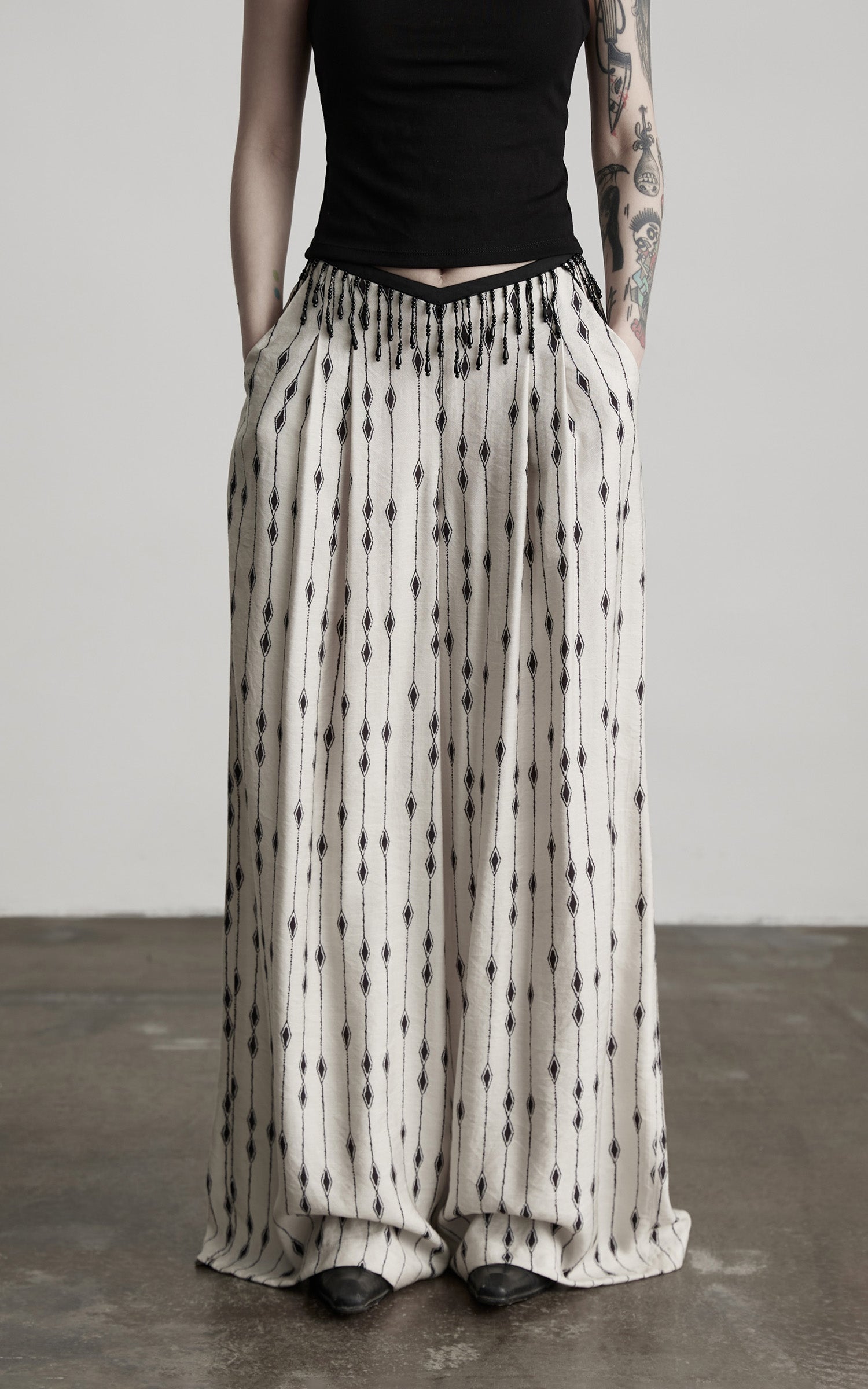 INDULGE Embellished Wide-Leg Pants with Beaded Draped Waistline